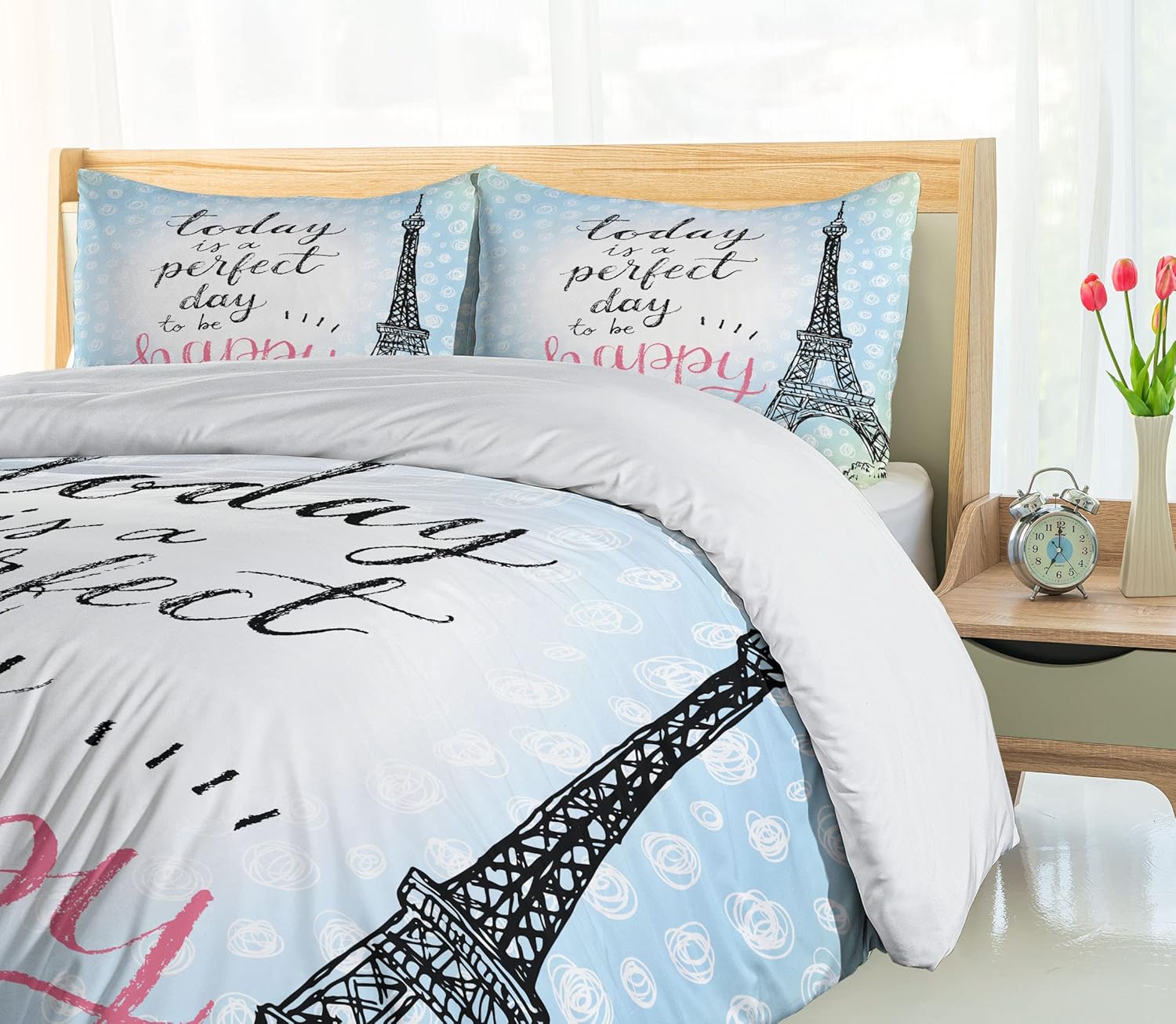 Ambesonne Eiffel Tower Duvet Cover Set, Perfect Day Eiffel Tower Polka Dot Handwriting Typography Sketch Paris Print, Decorative 2 Piece Bedding Set with 1 Pillow Sham, Twin Size, Black Blue Twin Black Blue