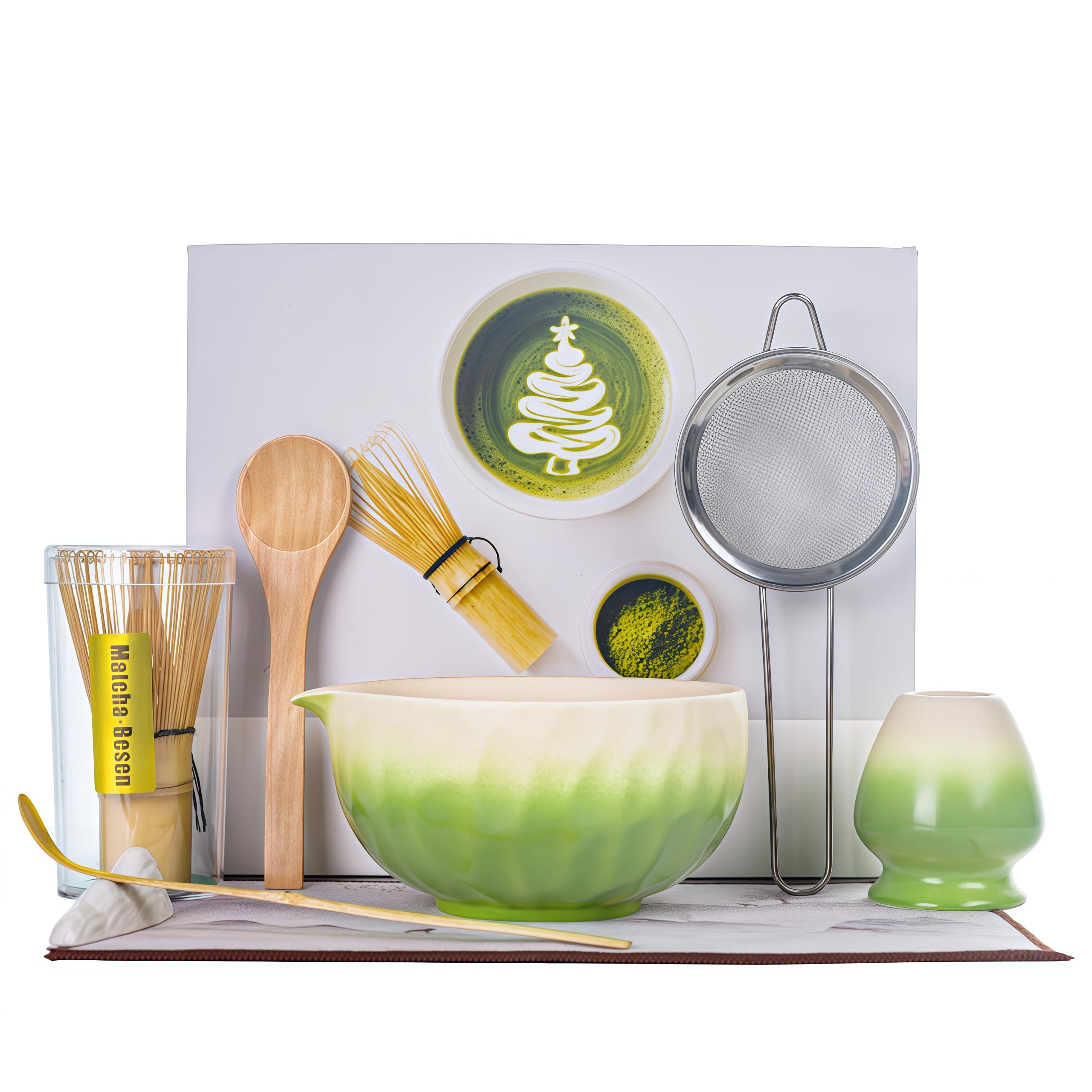 ZEWETO 8 PCS Matcha Set with Spouted Bowl, Japanese Matcha Whisk Set Includes Bamboo Chasen Whisk, 510ml Ceramic Bowl, Whisk Holder, Scoop, Strainer, Scoop Holder & Tea Cloth, Matte Finish