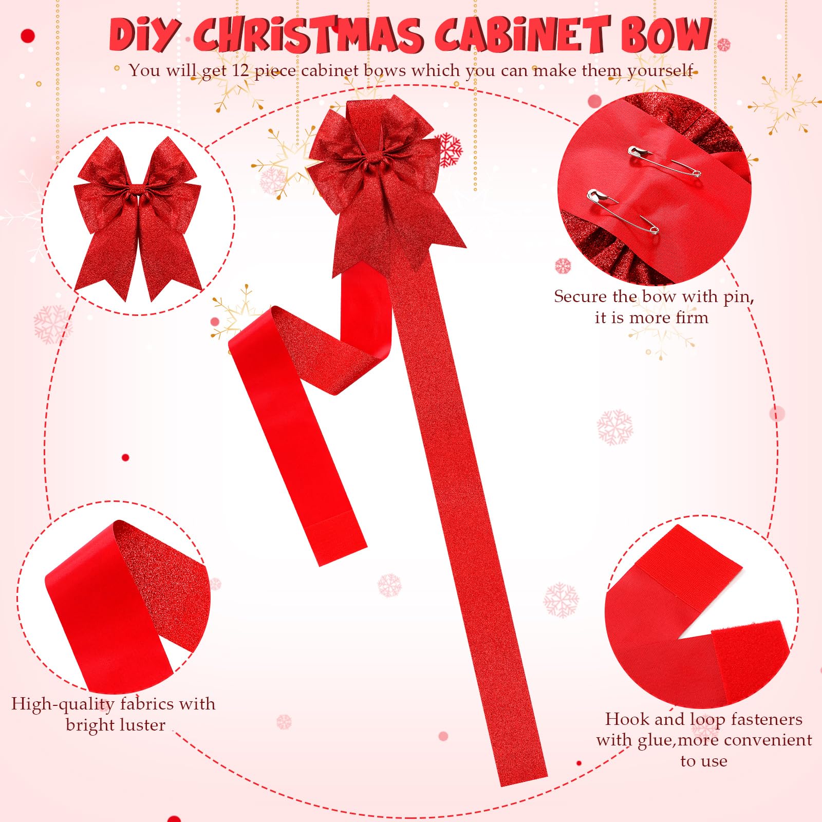 Syhood 12 Rubans Festifs d'Armoire de Noël Ruban de Porte de Noël Ruban Nœud d'Armoire Ruban Nœud de Placard Ruban Arc de Porte avec 98,4 Pieds Ruban pour Arbre de Noël, Rouge (Tissu d'Oignon)