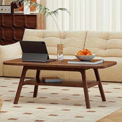 Miniatura 8 de Mesa de centro 100% de madera de roble maciza con estante de almacenamiento, mesa auxiliar rectangular de 2 niveles para sala de estar, mesa central