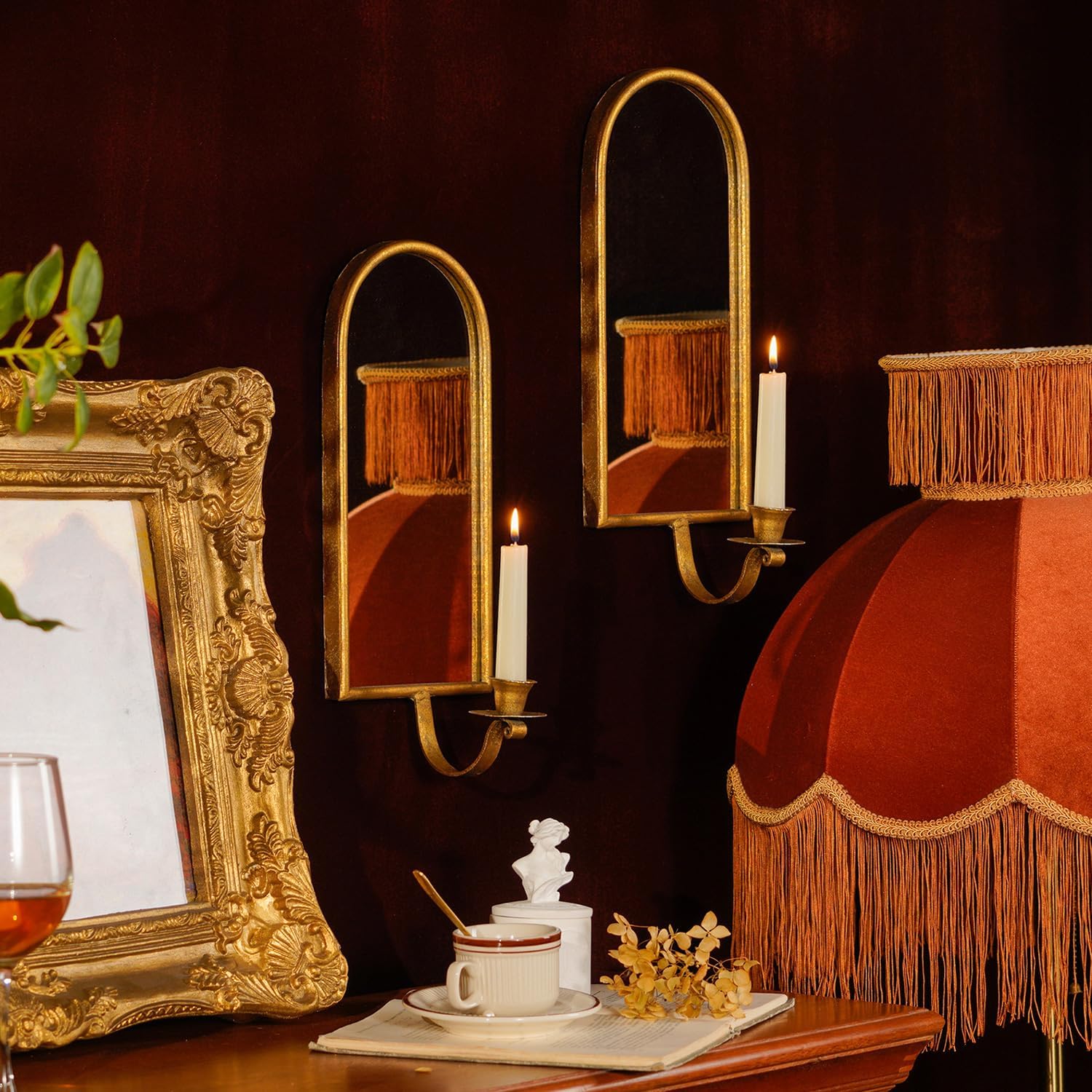 NIKKY HOME Gold Wall Candle Sconces Set of 2, Antique Mirrored Wall Taper Candle Holder - Vintage Elegant Metal Hanging Candlestick for Living Room, Bathroom, Dining Room and Office