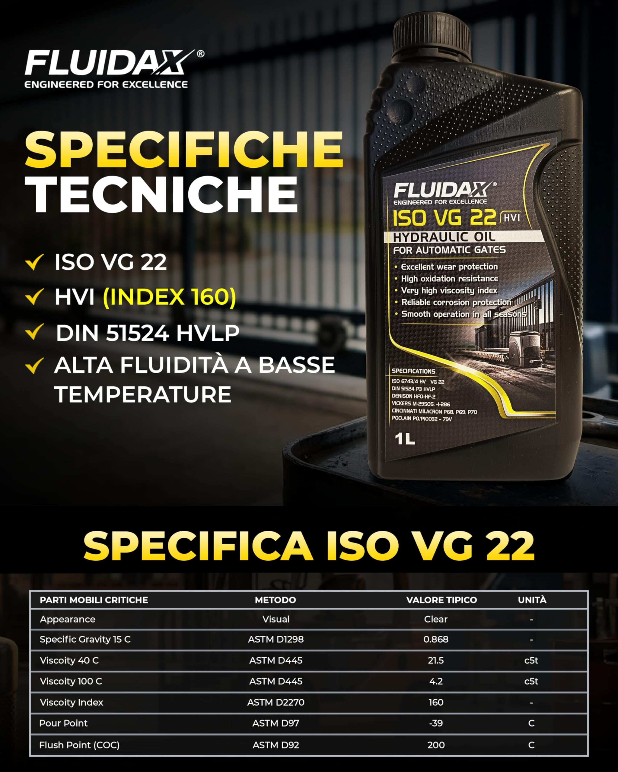 Olio Idraulico ISO VG 22 HVI 1L per Motori Cancelli Automatici – Alta Fluidità a Freddo (-39°C), Protezione Anti-Usura, per Pistoni, Attuatori e Centraline – Adatto FAAC BFT NICE CAME