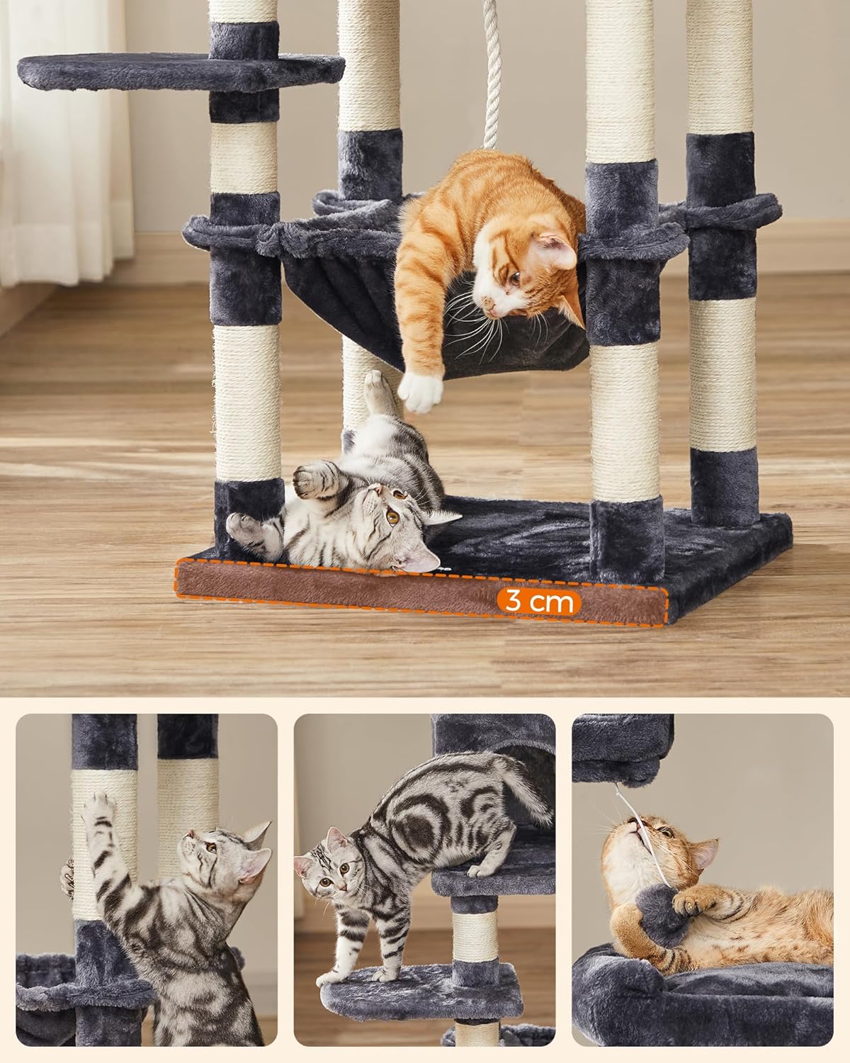 Three separate images showing cats actively using the scratching posts and platforms of the cat tree.