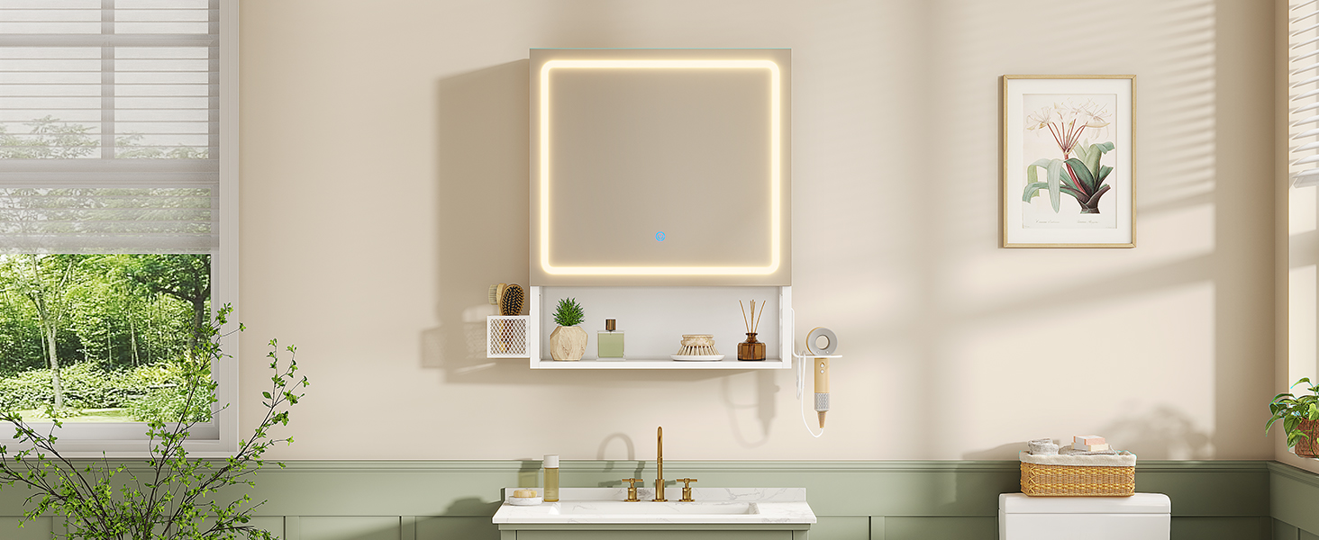 FORABAMB Meuble de Salle de Bain avec Éclairage LED et Prise, Armoire de Toilette avec Miroir HD,Étagère Réglable, Panier Suspendu,Support pour Sèche-Cheveux, Armoire Salle de Bain, 70x16x60 cm,Blanc