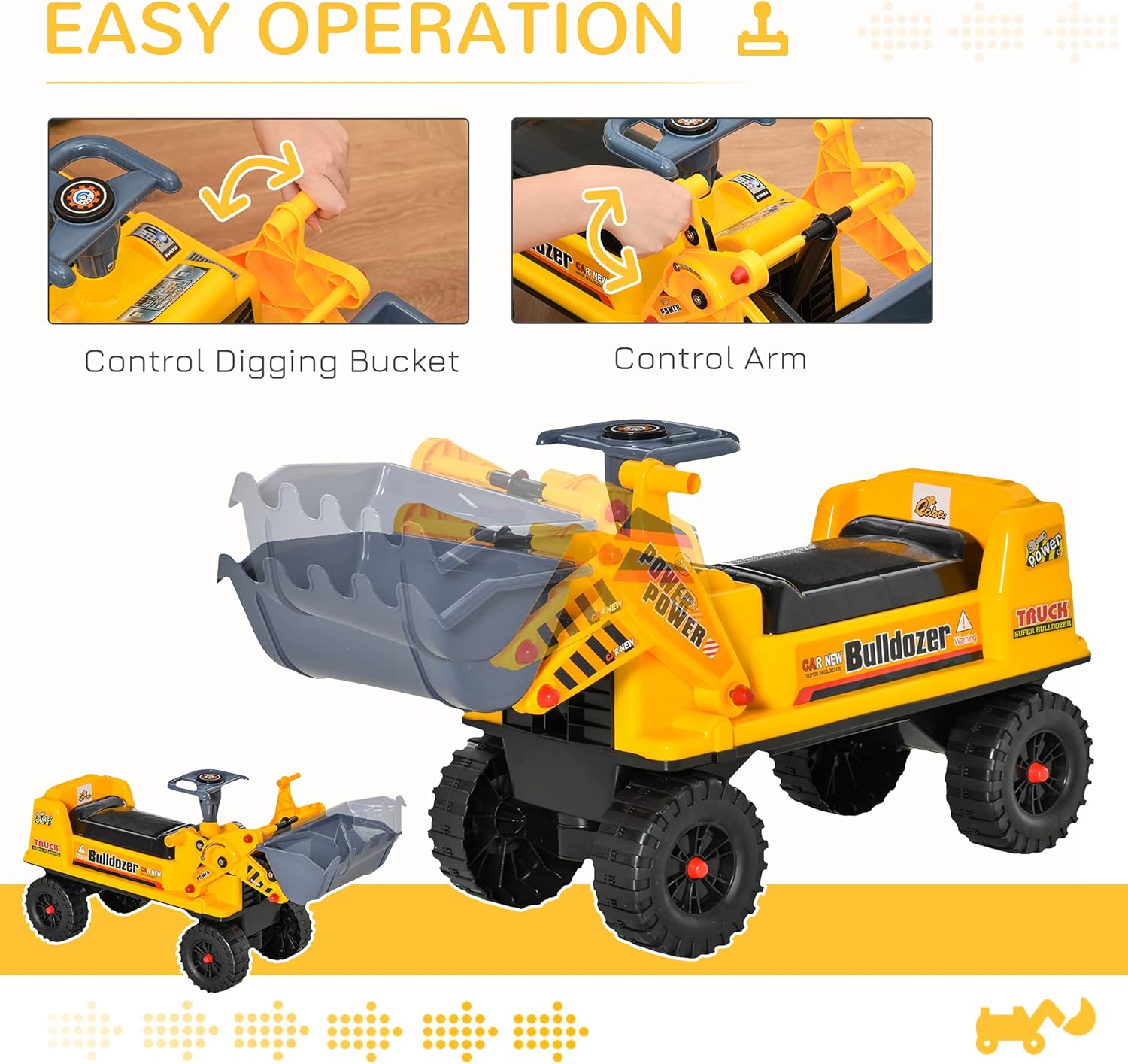 Yellow and Gray Kids Ride-On Bulldozer with Storage