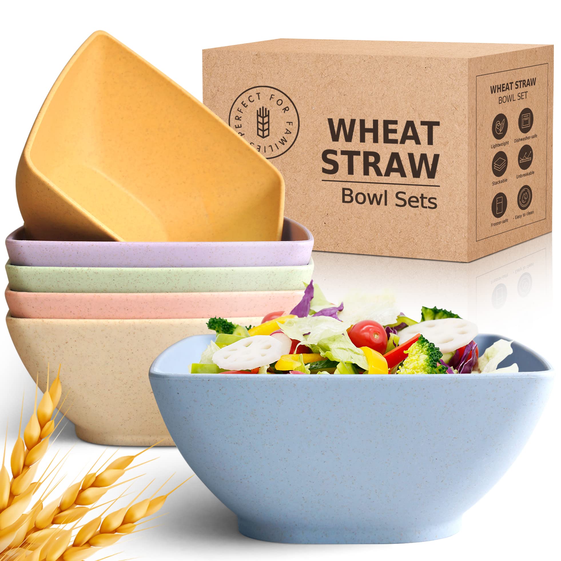 Teivio 6-Piece Square Lightweight Durable Snack Bowls, Unbreakable Wheat Straw Cereal Bowls Pasta Bowls, Regular series salad bowls for Rice, Soup, Salad, Fruit (Multicolor, Service for 6)