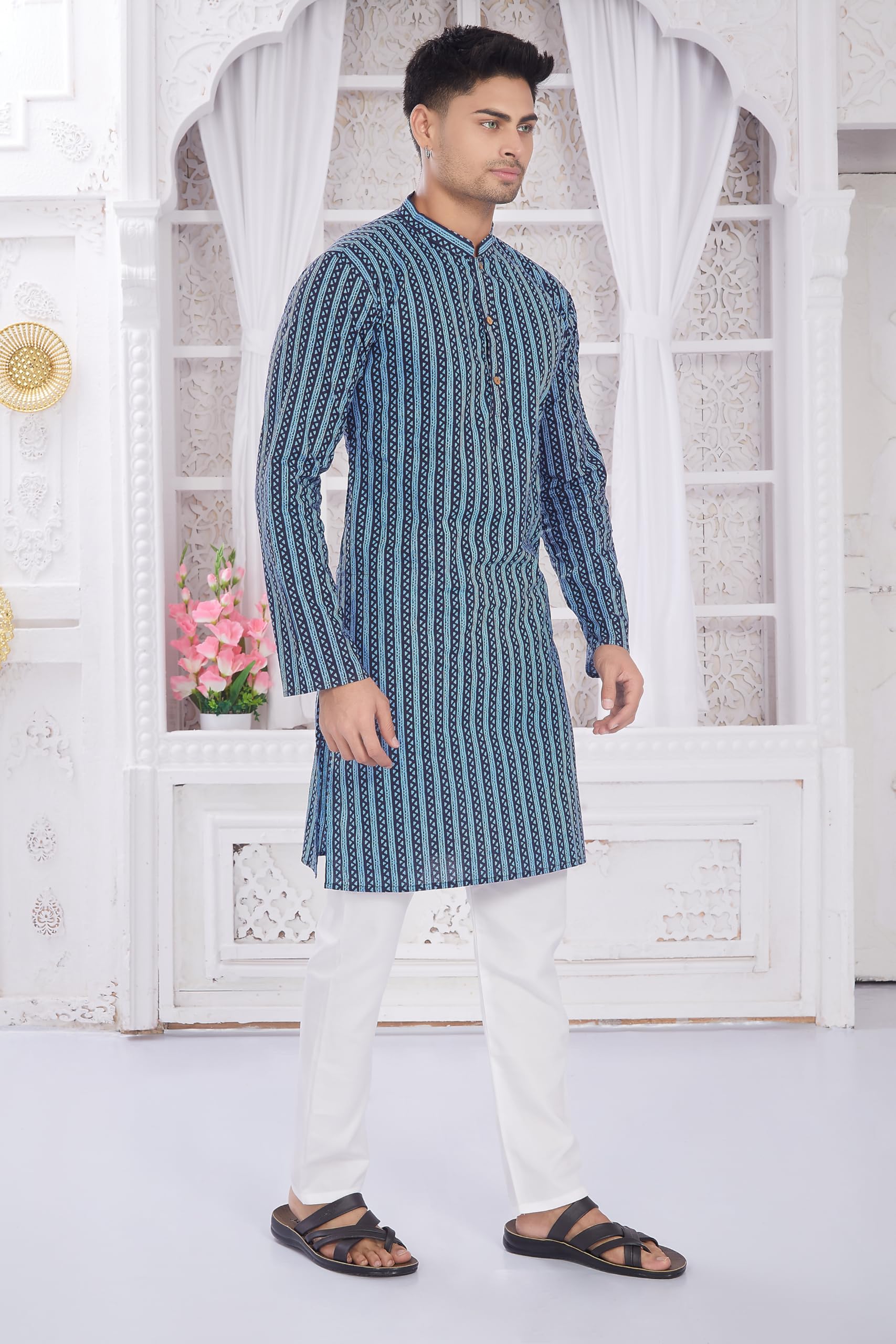 Divisive Men's Ethnic Block Printed Soft Pure Cotton Only Slim Fit Kurta (Dkrt656_M_Indigo)