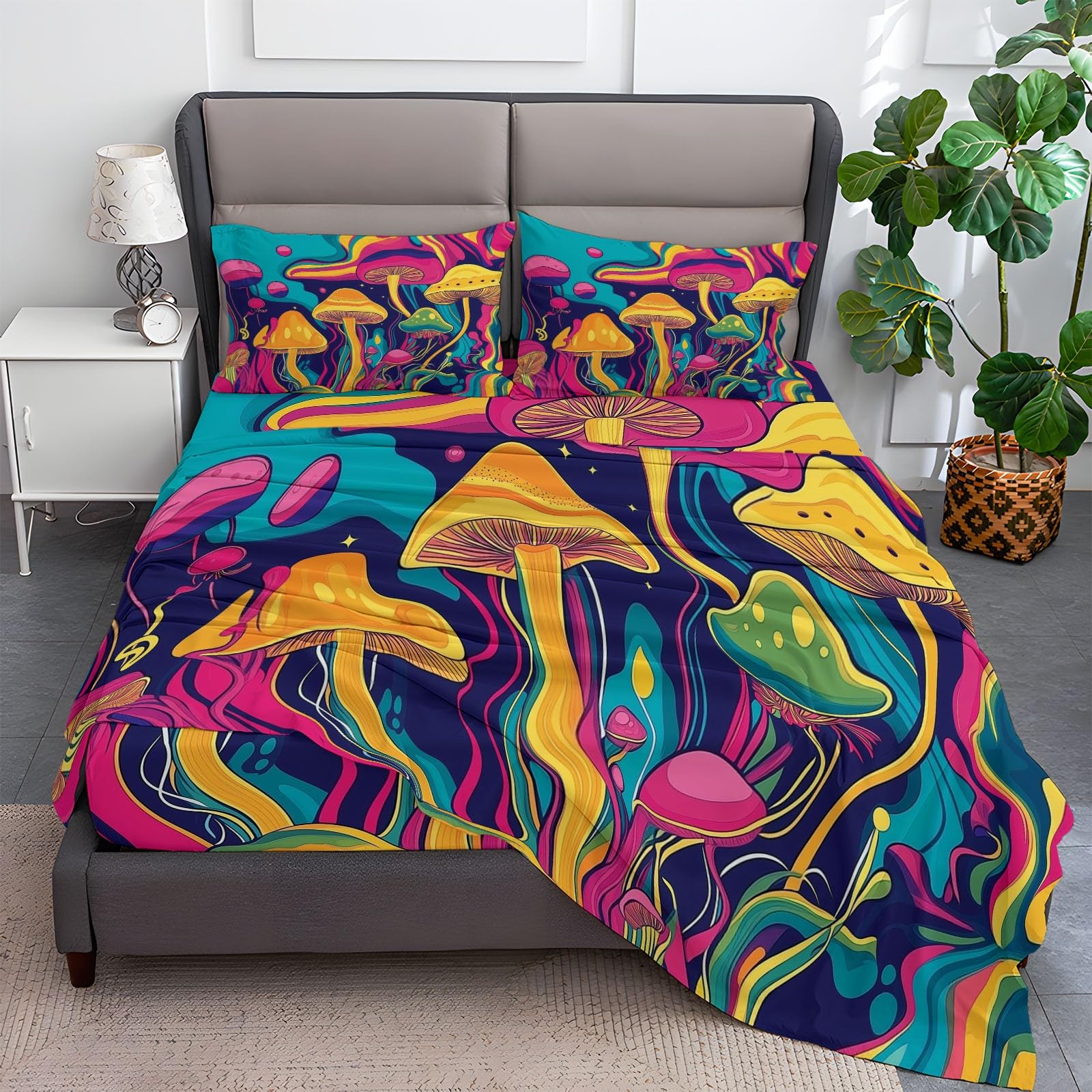 Fitted Sheet Twin Size Bedding Set for Kids Girls Women Men Room Decor, Soft Microfiber & Deep Pocket & Wrinkle Free Psychedelic Mushrooms Bedding Sheets, Colorful