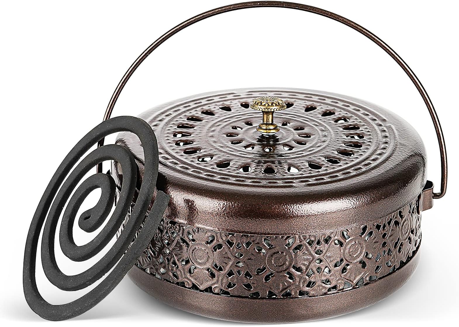 Classical Design Mosquito Coil Holder with Handle Round Iron Incense Burner (Bronze)