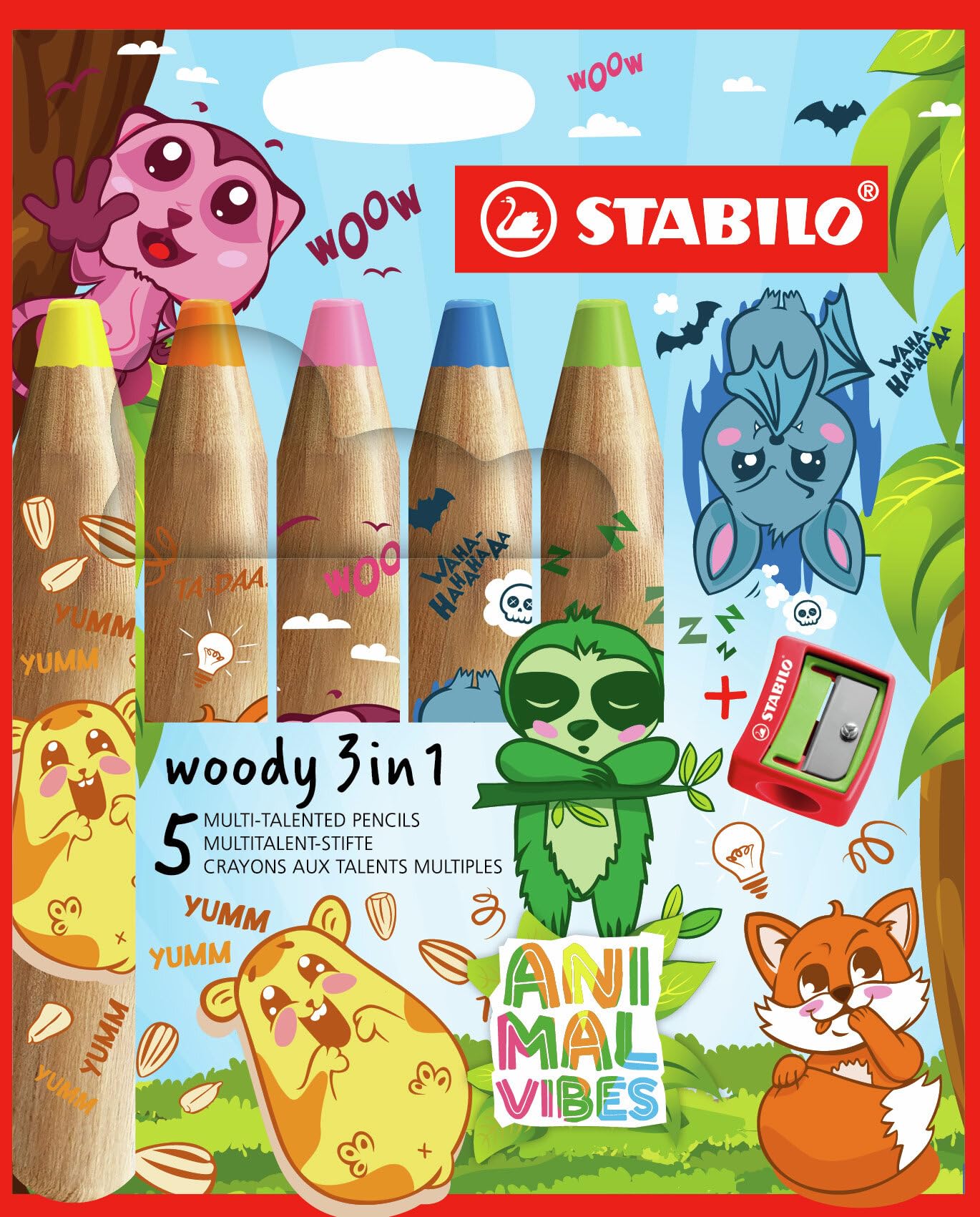 STABILO woody 3-in-1 Animal Vibes - Multi-Talented Pencil - Pack of 5 - Assorted Colours with Sharpener