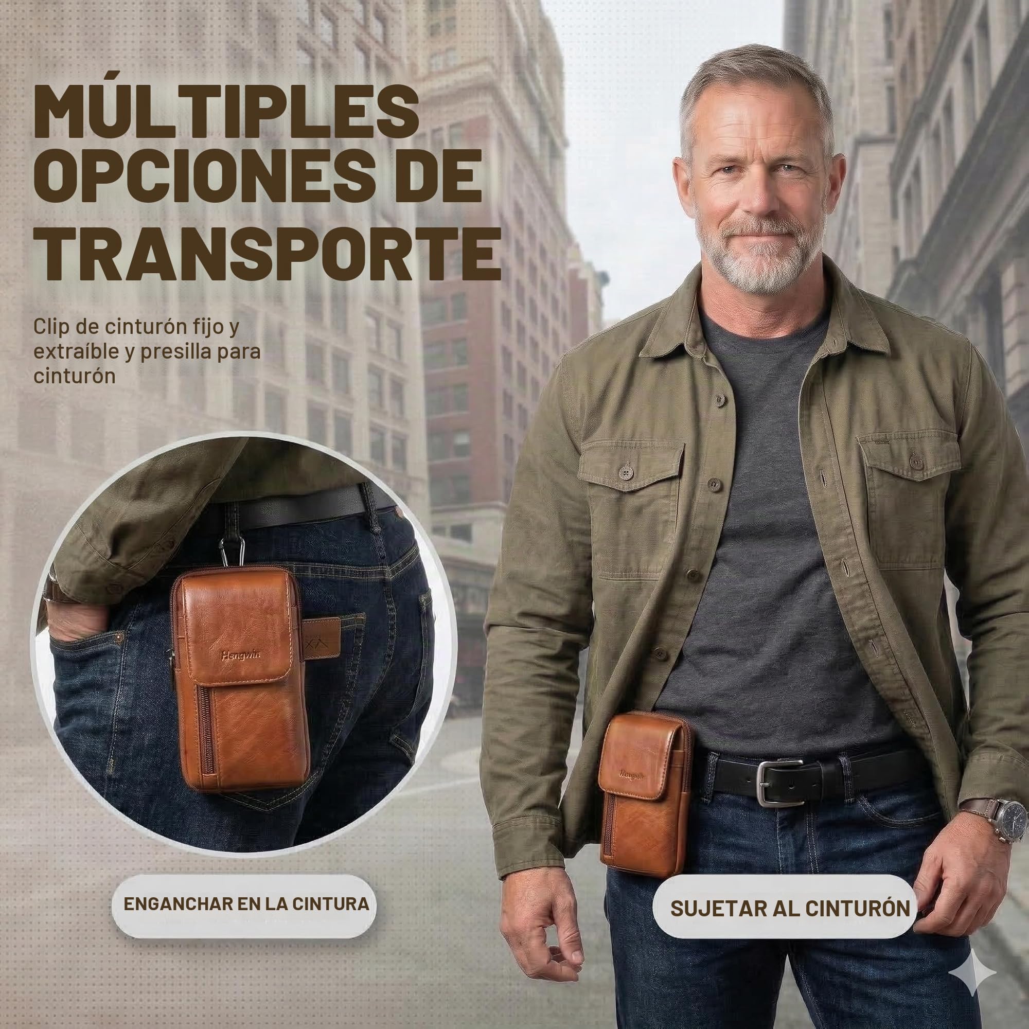 Cuero Genuino Bolsa para móvil, Bolsa de Cinturón, Funda Movil Cinturon para Hombre, Fundón de Teléfono, Bolso Cintura con Presilla