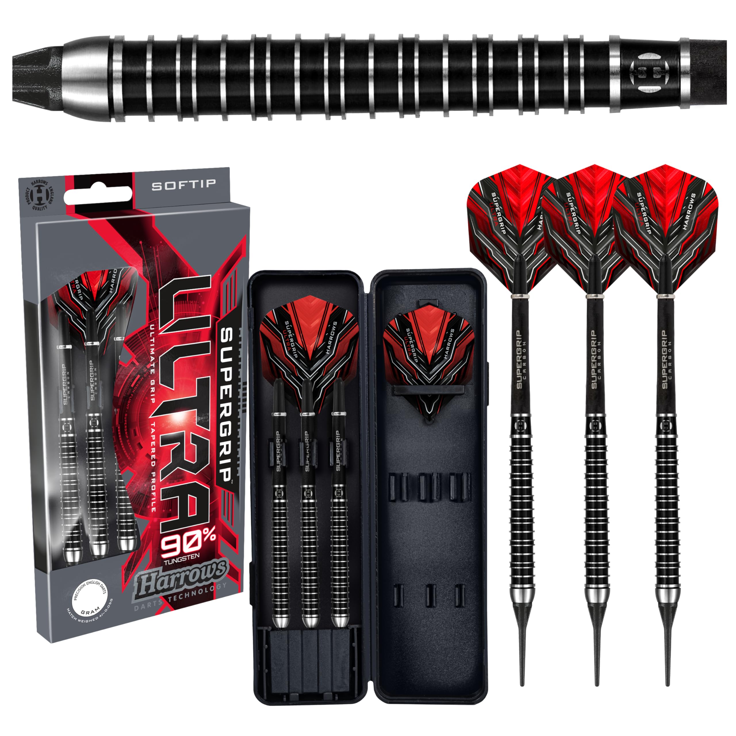 Harrows Set di Freccette SUPERGRIP Ultra 90% tungsteno con Punta Morbida. Disponibile in 18g, 21g, 22g - Include aste in Carbonio Supergrip, Alette Supergrip e Custodia da Viaggio