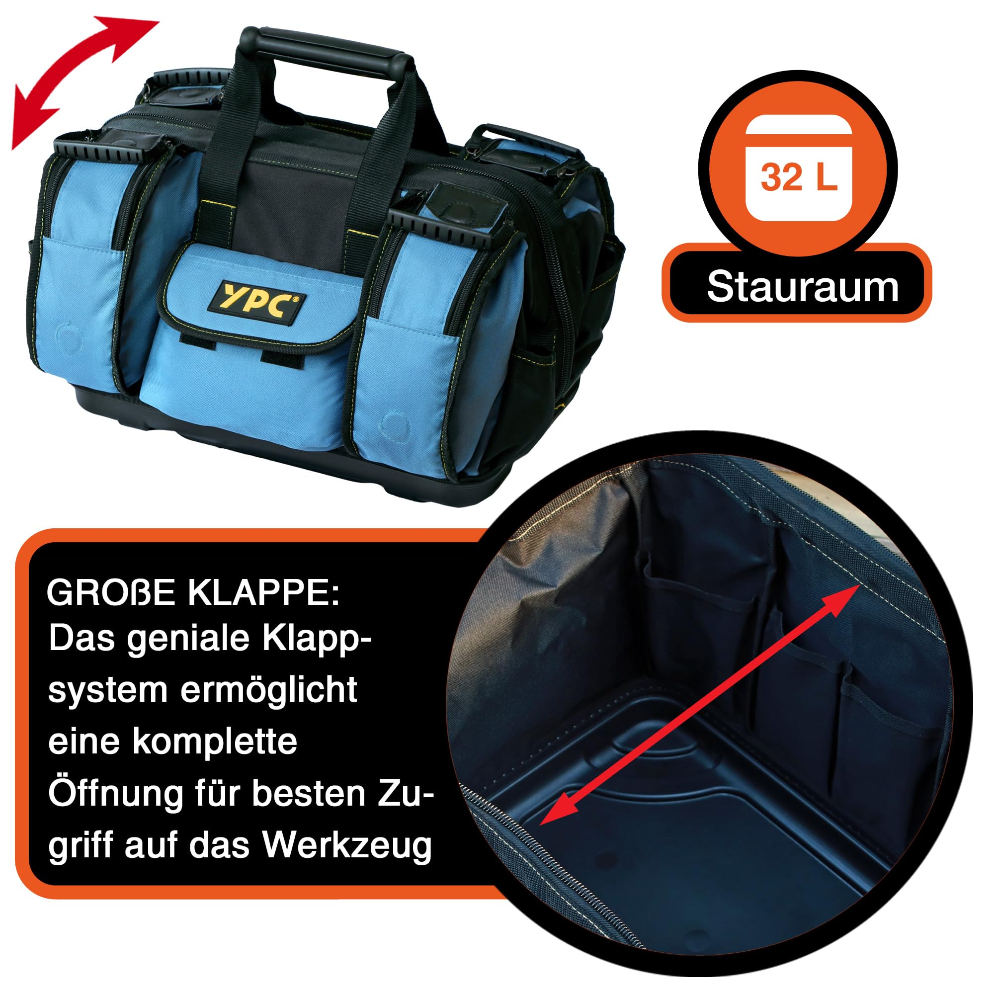 YPC Profi Werkzeugtasche leer XXL – 42x30x25cm große Tasche mit stabilem Boden, Wasserfest, Tragegriff & verstellbarer Schultergurt, Arbeitstasche, Reisetasche, Tool Bag für Werkzeug – 20 kg Tragkraft