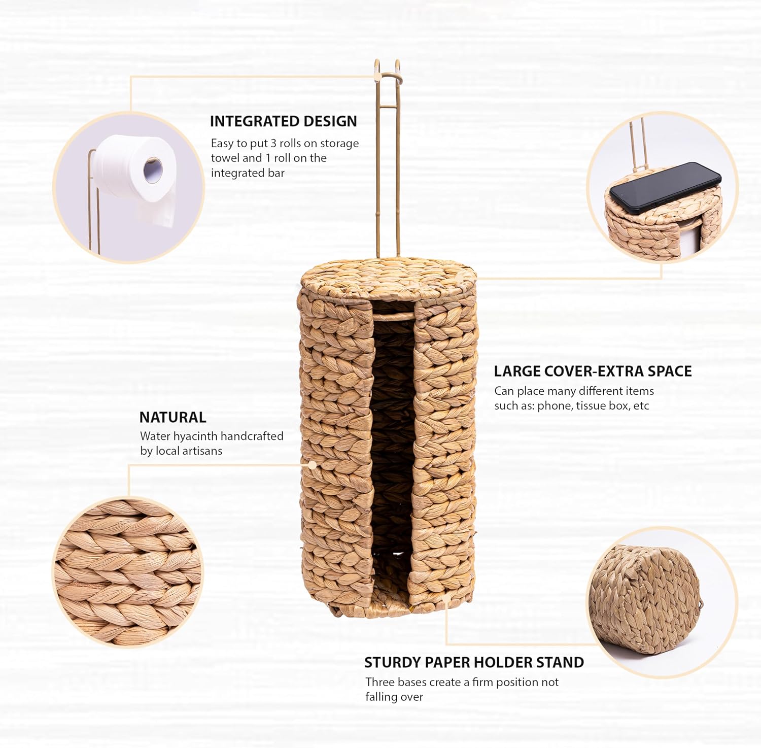 Wicker Toilet Paper Holder with Minimalist Hanging Bar, Rattan Decorative Toilet Tissue Basket for up to 4 Mega Rolls, Boho Woven Toilet Paper Storage with Lid