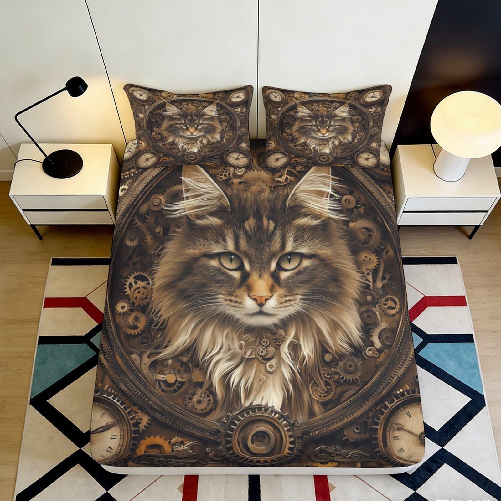 3D Printed Steampunk Cat Fitted Sheet Microfiber Soft Durable Clockwork Bed Cover for Bedroom Dormitory Guest Room Mattress Protection Decor 180x200x25cm