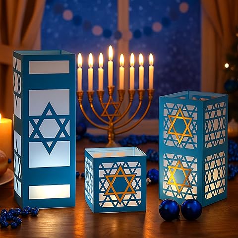 VIHOSE 12 Sets Hanukkah Table Decorations 3 Size Hanukkah Lantern Boxes Centerpieces with LED Candles Dreidel Star David Chanukkah Table Decor for Jewish Judaism Party Decor