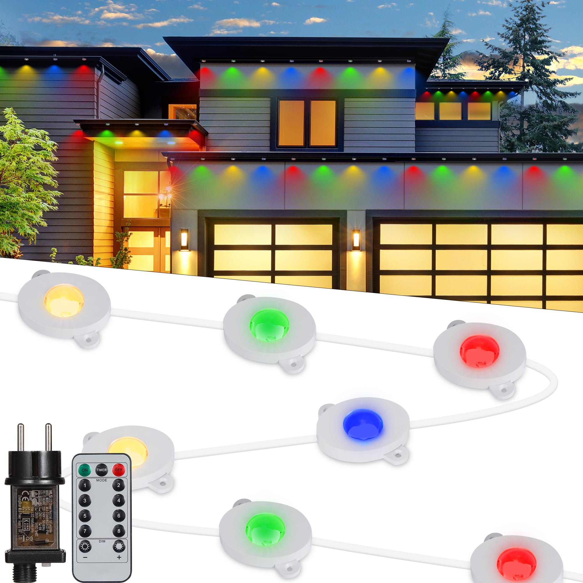 Tacobey Luci di Gronda Natale - 15m 36 LED Catena LuminosaMulticolore con Telecomando, 8 Modalità, Impermeabile, Timer, Collegabile Luci di Gronda Natalizie da Esterno ed Interno