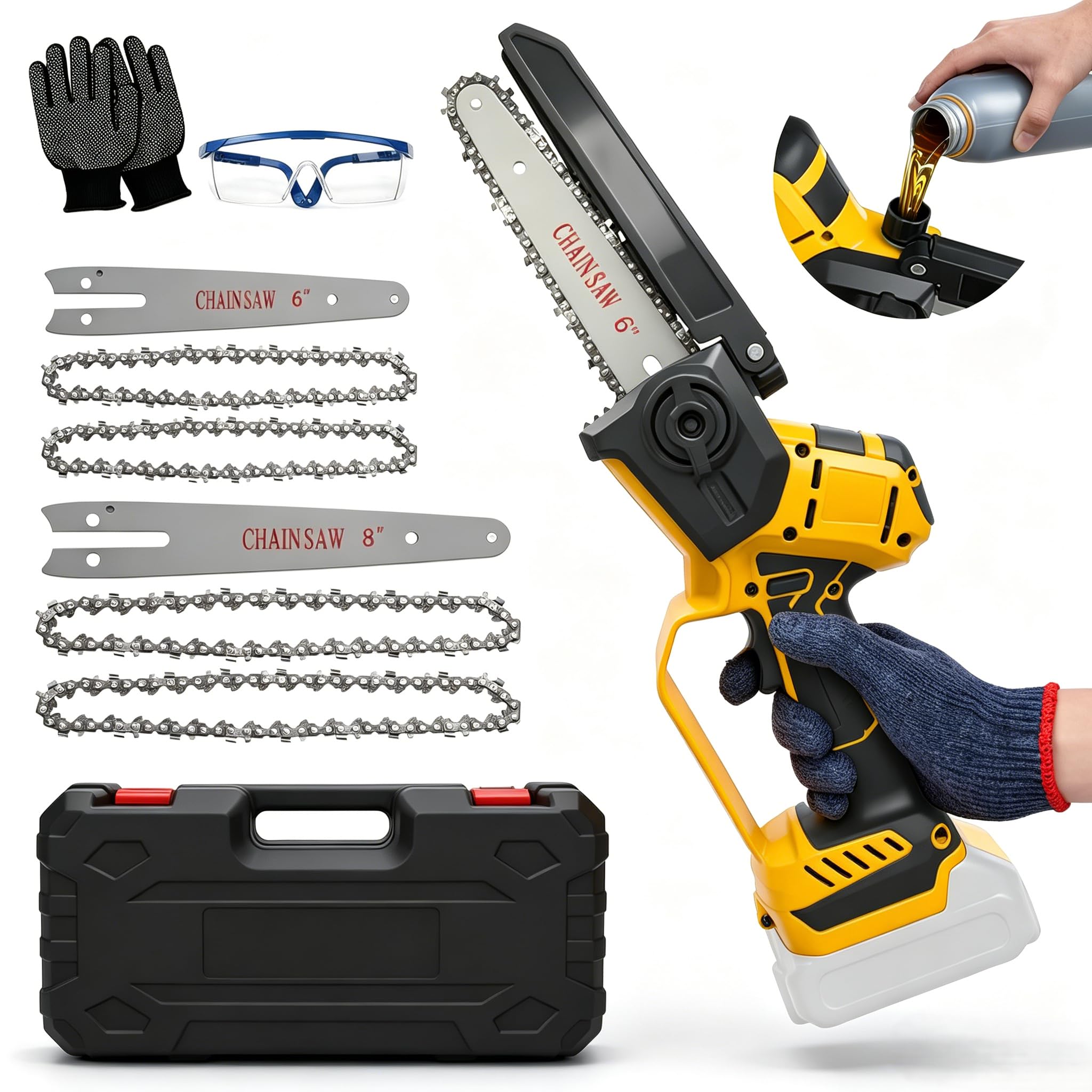 Mini piła łańcuchowa, bezprzewodowa, 20 cm, 15 cm, przenośna ręczna piła łańcuchowa kompatybilna z akumulatorem Dewalt 18 V 20 V, bezszczotkowe ręczne elektryczne piły łańcuchowe z 4 łańcuchami i 2