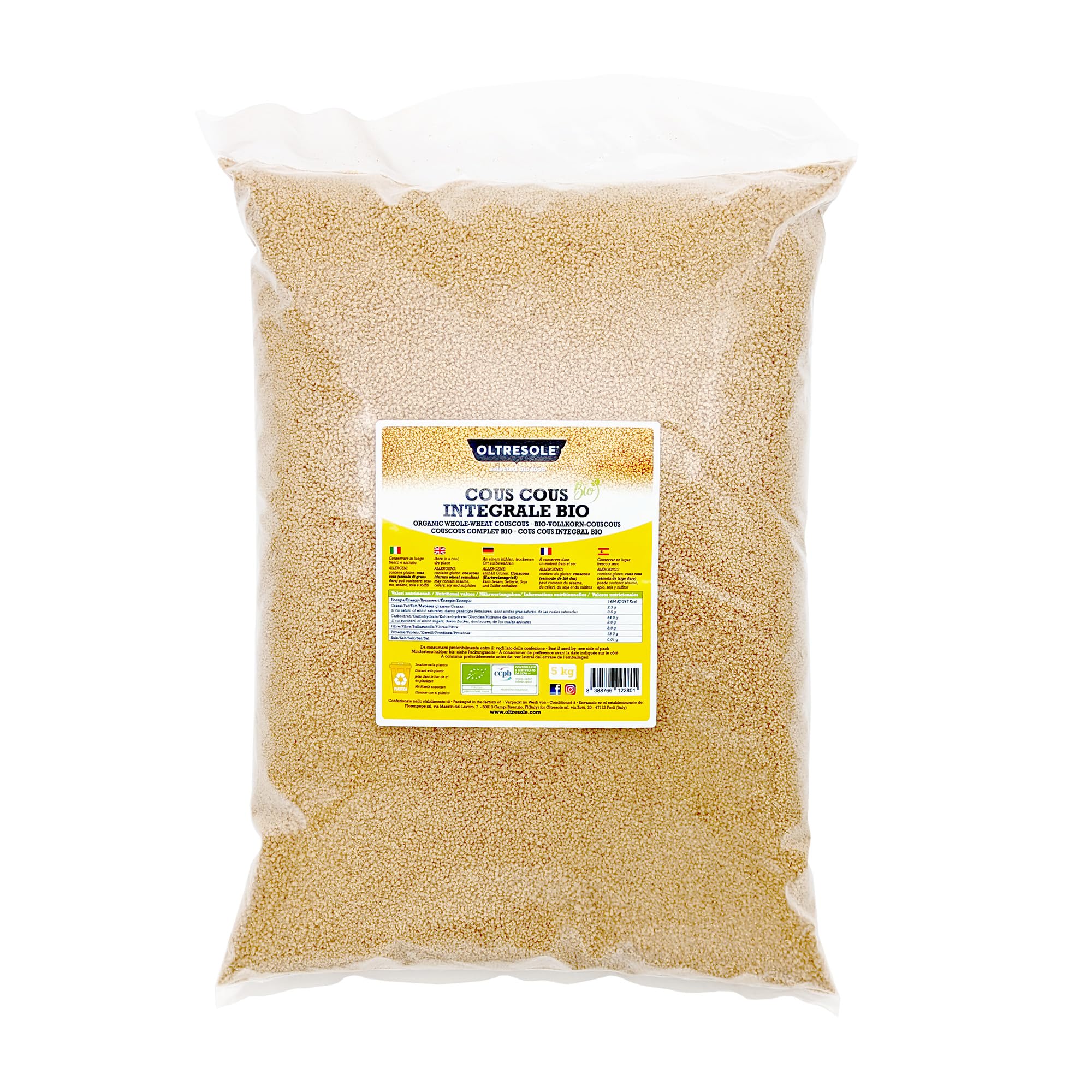 Oltresole, Cous Cous Integral Ecológico 5 kg, Harina integral de trigo duro ecológico, ideal para primeros platos y guarniciones saludables, tamaño práctico