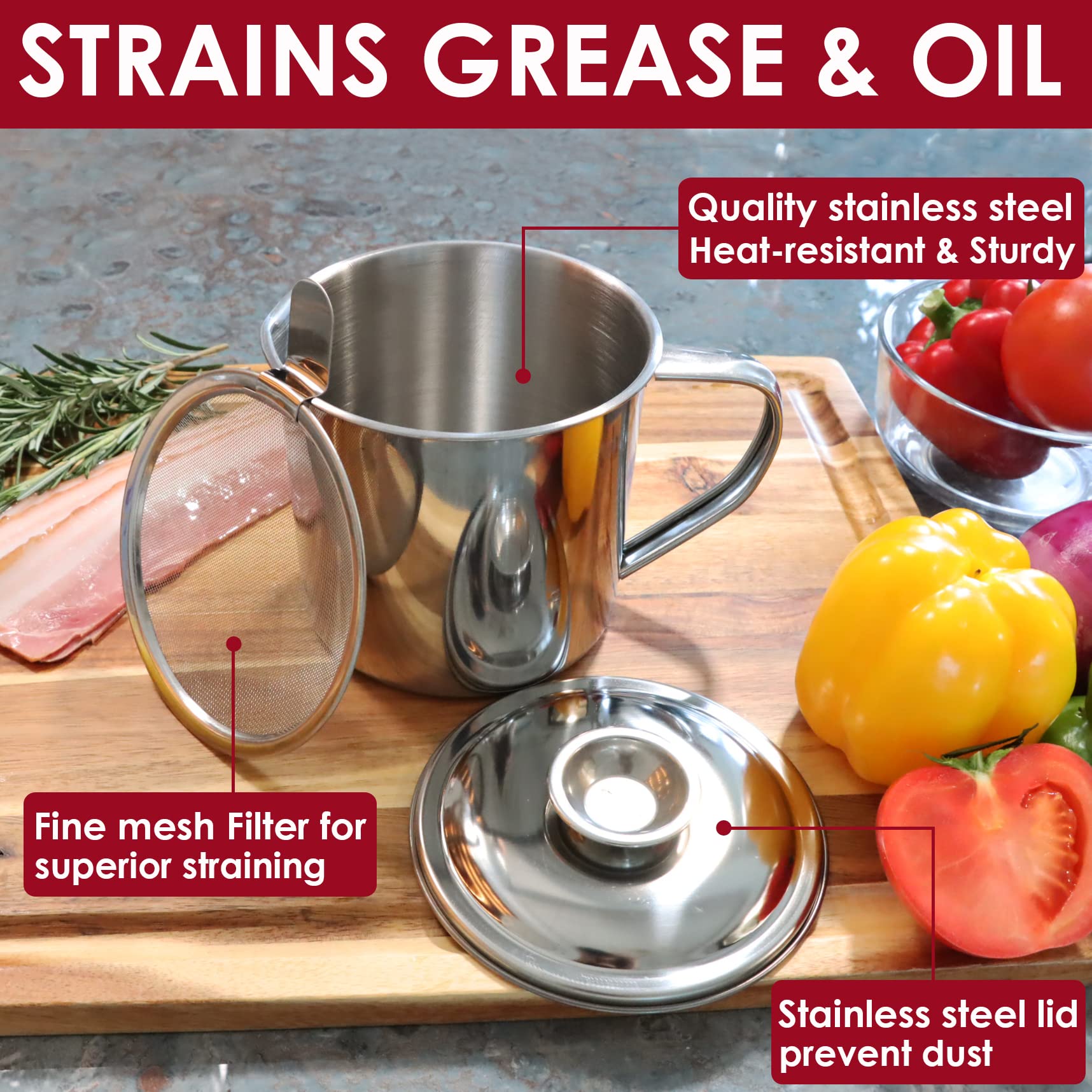KEISSCO Contenedor de grasa de tocino con colador, recipiente de aceite de cocina de acero inoxidable de 1 litro con tapa y asa, recipiente grande para ghee o recipiente de grasa de tocino, perfecto