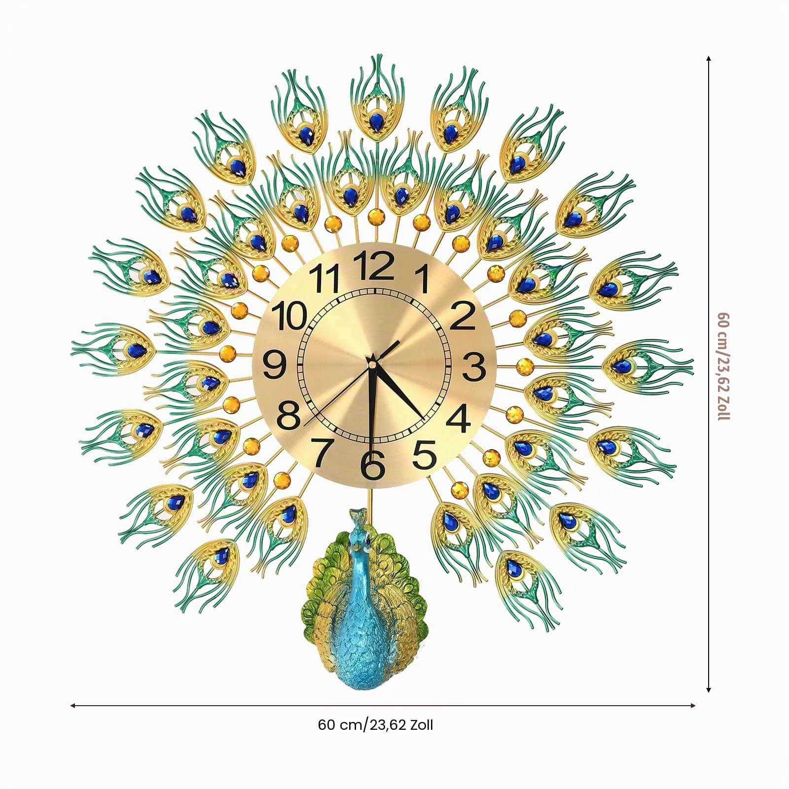 Moderne Wanduhr Groß 3D Pfau Wanduhren mit Metallzifferblatt, Nicht Tickende Leise Digitale Wanduhren Luxus Bunt Wohnkultur Europäische Pfauen Wand Uhr 60cm