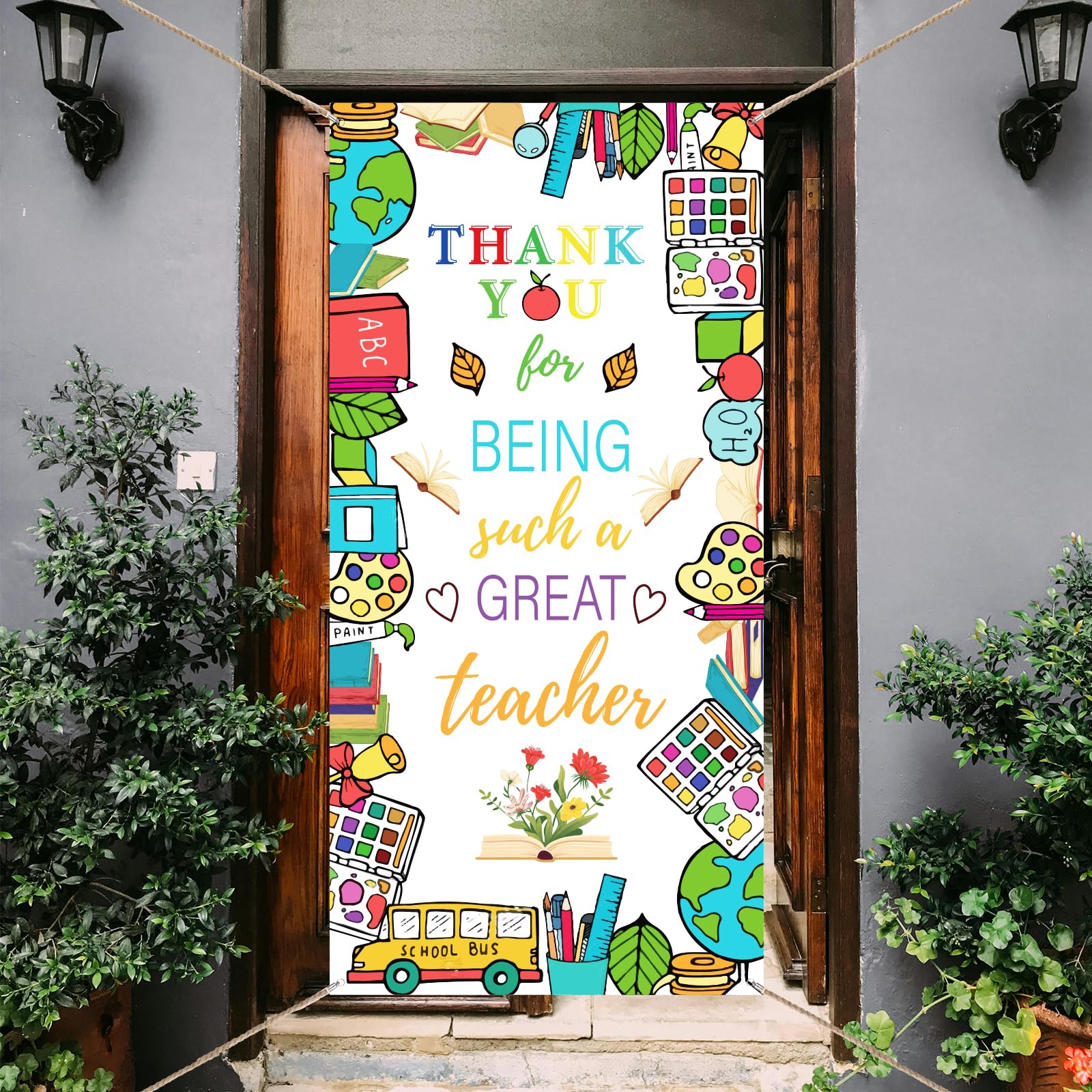 arricraft 1 Pc Thank You Teachers Door Cover, Teacher Appreciation Week Party Decoration Books Pens Palette Door Banner Polyester Sign for School Classroom Front Porch 90x185cm