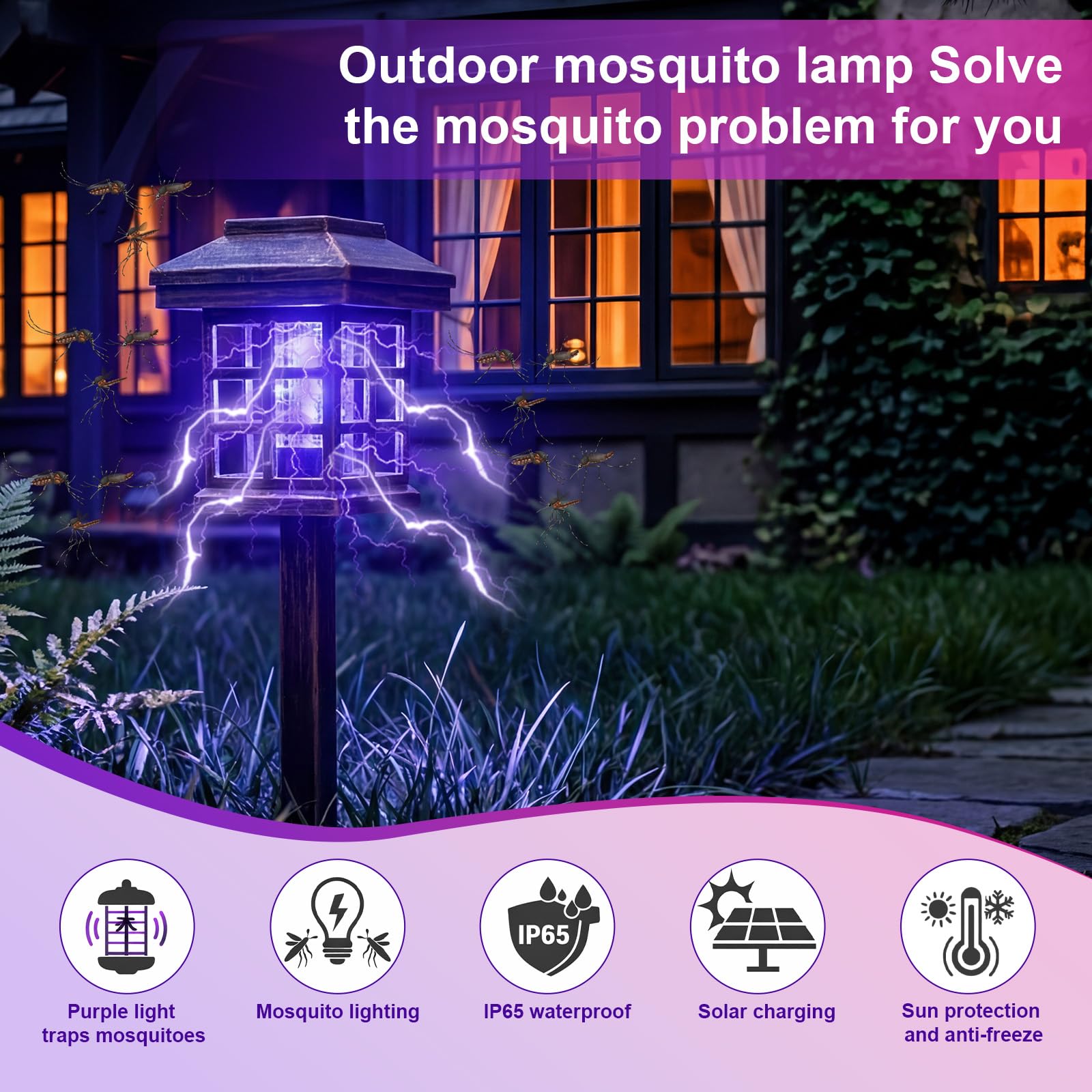 12 Stück Solar Insektenvernichter für den Außenbereich, wasserdicht, 2-in-1 Mückenzapper, solarbetriebene Mückenfalle, Abwehrlampe, tötet Insekten, LED-Lampe, warmes violettes Licht für Garten