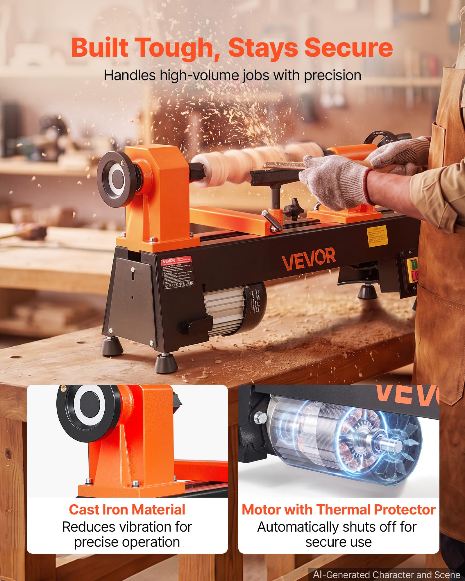 VEVOR Tornio per Legno da Banco 375 W 254 x 465 mm 5 Velocità Regolabili
