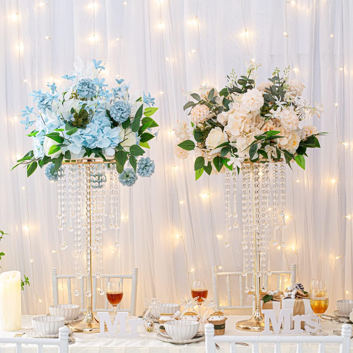 Bigsee 2 Pcs 21.65 inches Crystal Flower Stand Wedding Centerpieces for Tables, Tabletop Gold Metal Flower Arrangement Holder, Elegant Bulk Metal Vases for Reception Party Ceremony Decoration