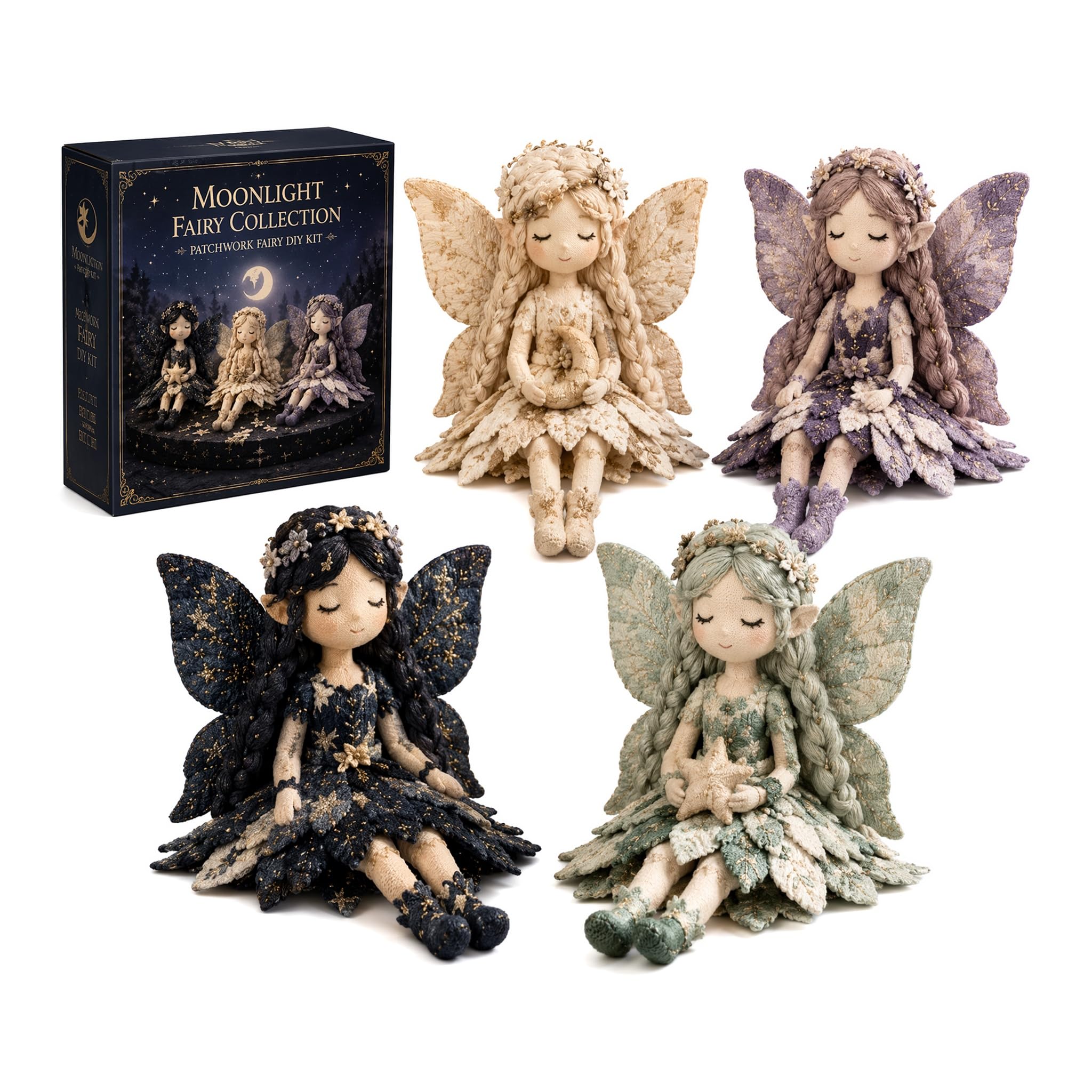 Mtbricey 4Pcs Flower Fairy Patchwork DIY Sewing Make Your Own Winged Elf Cloth Dolls Pre-Cut Fabric Embroidery Thread Stuffing Needle Beginner Hand Sewn Craft for Creative Home Decor Handmade Gift (D)