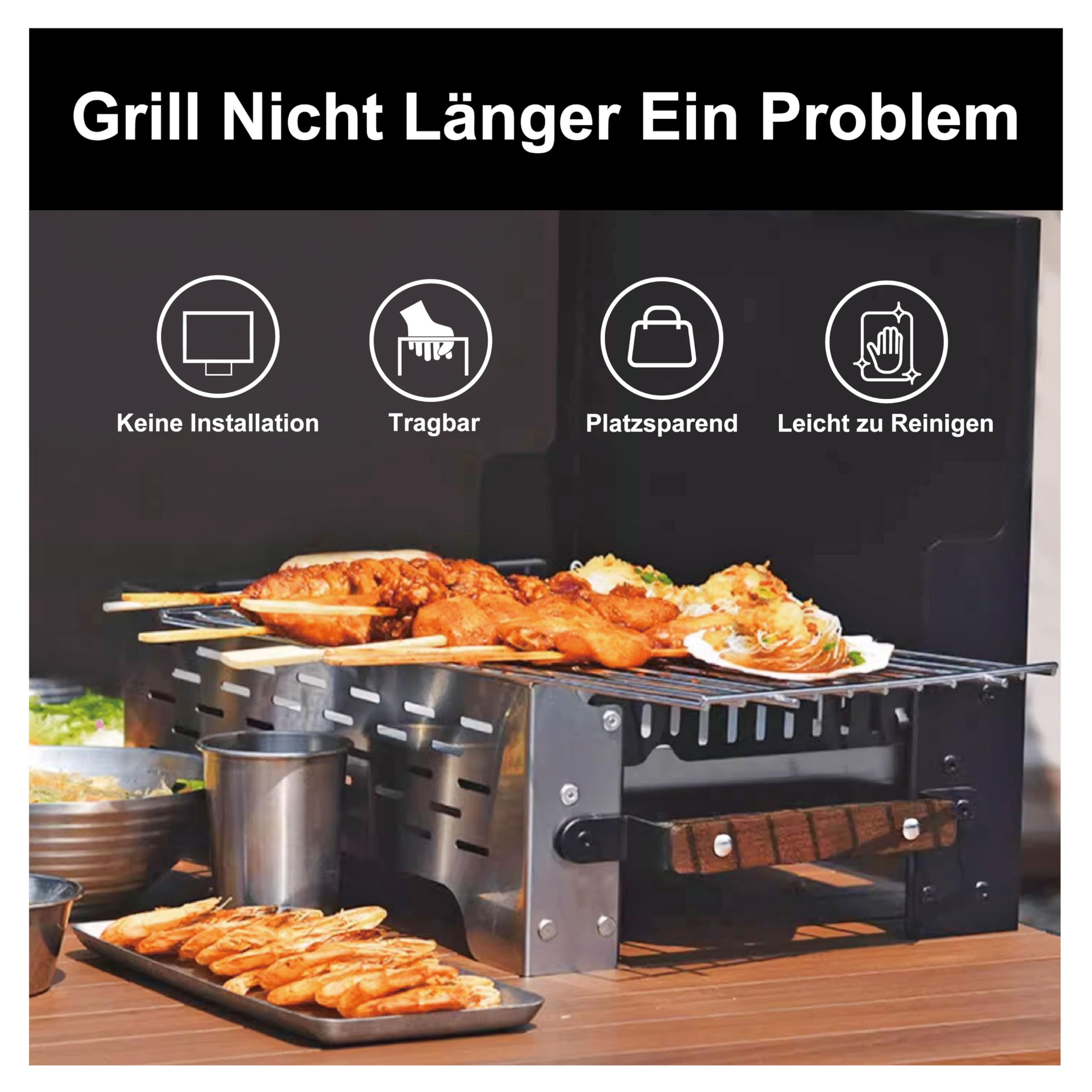 Charmline 42x33cm Foldable Portable Holzkohlegrill, Kompakte Tragbare Grill für Den Außenbereich, BBQ Grill für Camping, Picknicks, Gärten und Strand Parteien, Schwarz
