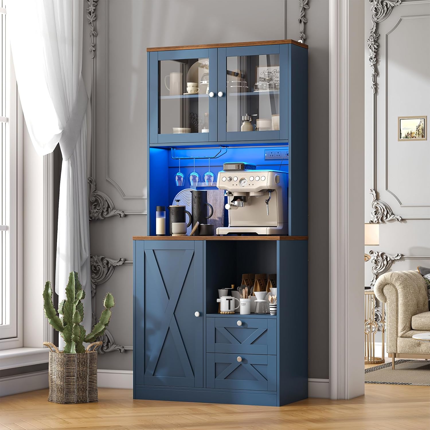 CBBPET 71" Tall Coffee Bar Cabinet with Storage Hutch, Farmhouse Kitchen Pantry Cabinet with LED Lights Microwave Stand and Glass Holder for Home Dining Room Kitchen (Blue)