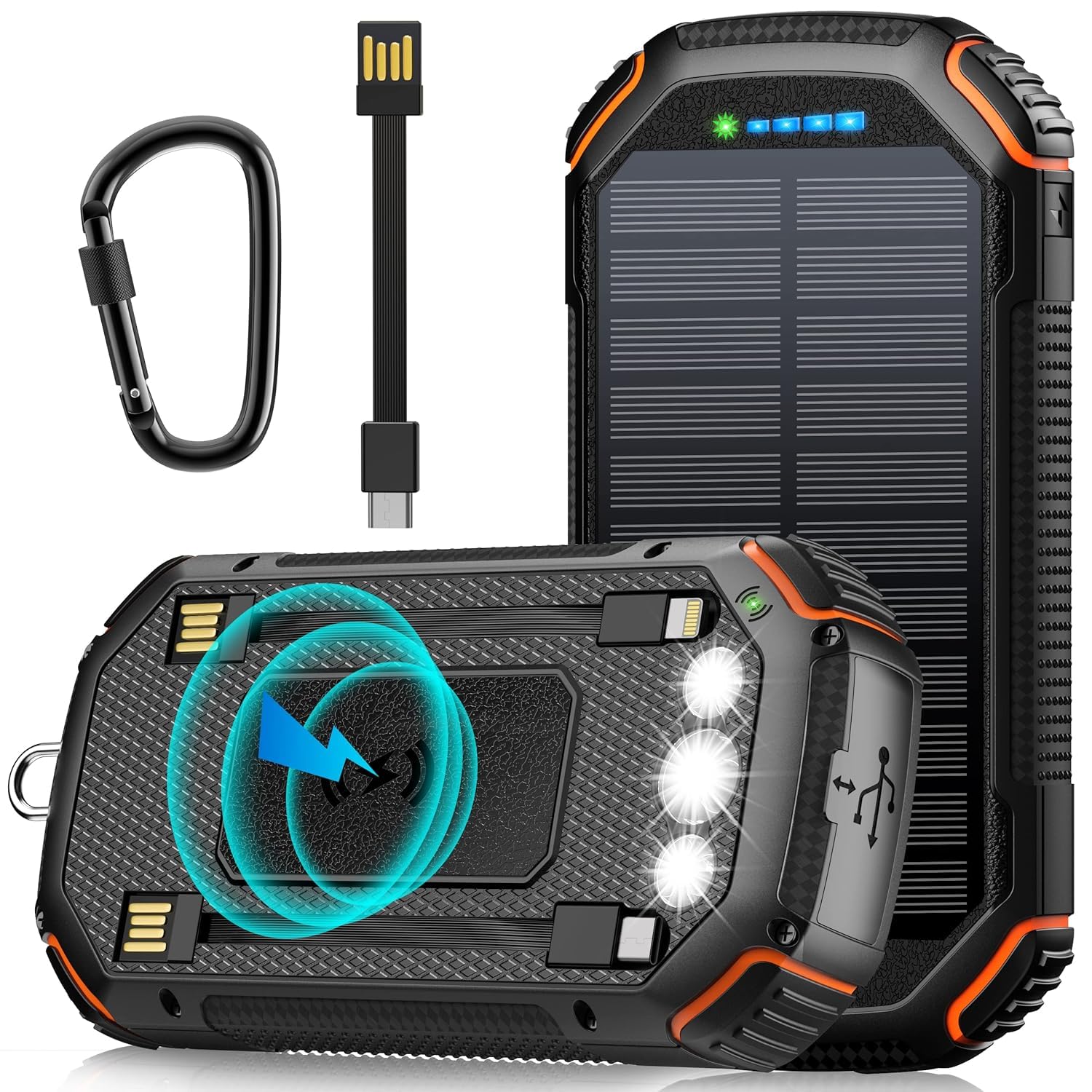 CALMORA Solar Power Bank 36000 mAh Solar Charger with 3 Cables USB C Input 15 W Quick Charge Wireless Power Bank Portable Outdoor External Mobile Phone Batteries with Solar Cell & Torch-image-38