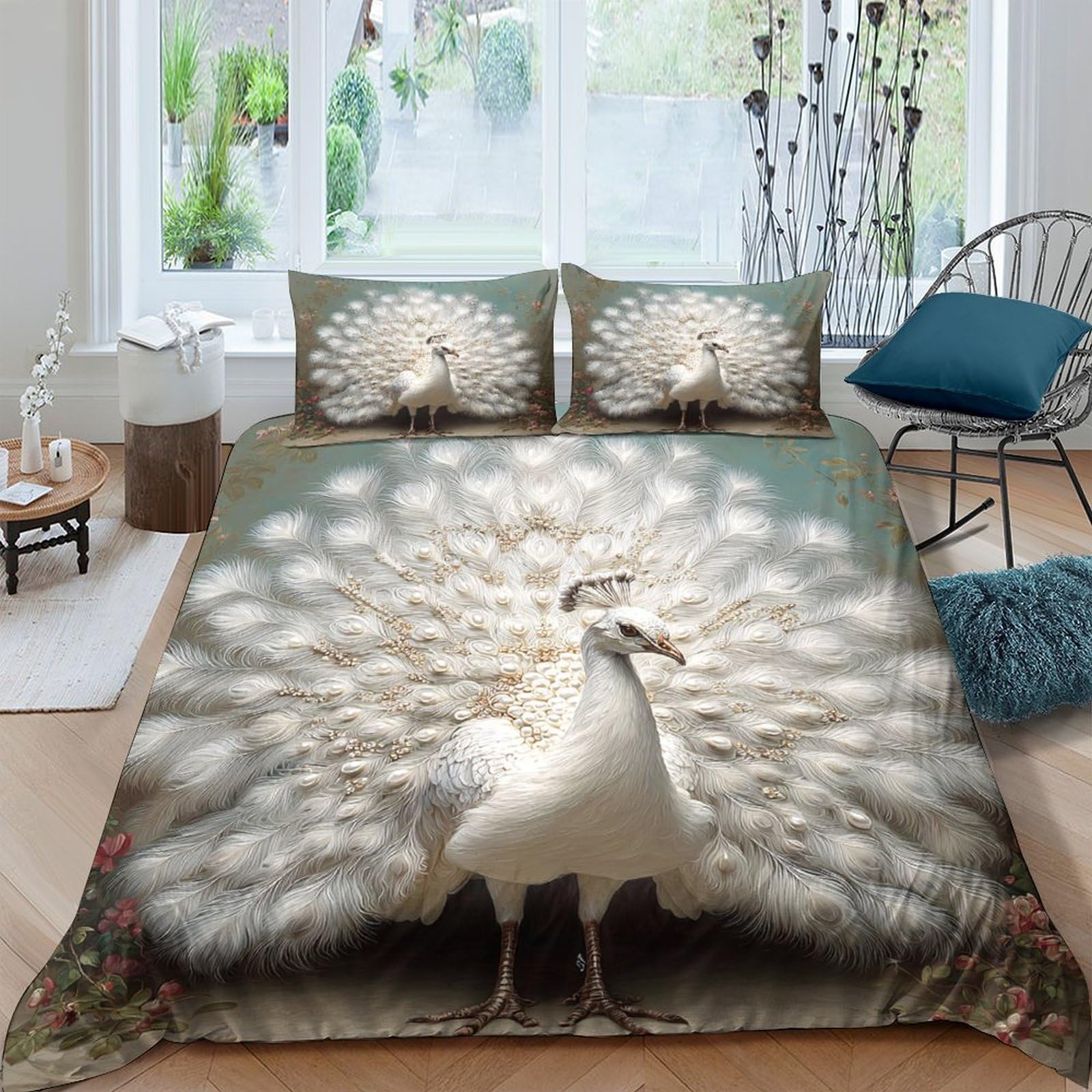 P5V6M1Q9 3D Printed White Peacock Duvet Cover Microfiber Soft Breathable Elegant Feather Quilt Cover Set with 2 Pillowcases for Bedroom Decor Single（135x200cm）