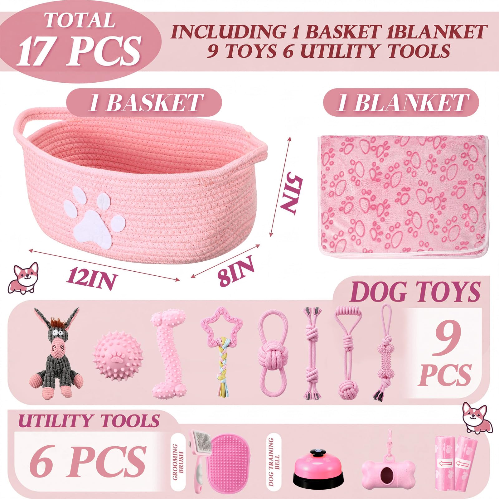 Zopeal 17-teiliges Sommer-Welpen-Geschenk-Set, Hundespielzeug und Essentials-Set mit Kauspielzeug, Kotbeutelspender, Fellpflegebürste, Trainingsglocke, Decke und Seilkorb (Rosa, Esel)