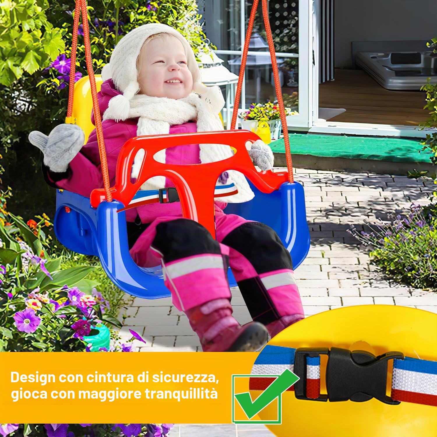 Altalena per bambini 3 in 1, rimovibile, regolabile in altezza, altalena da giardino per bambini con schienale e cintura di sicurezza, per interni ed esterni, portata fino a 50 kg