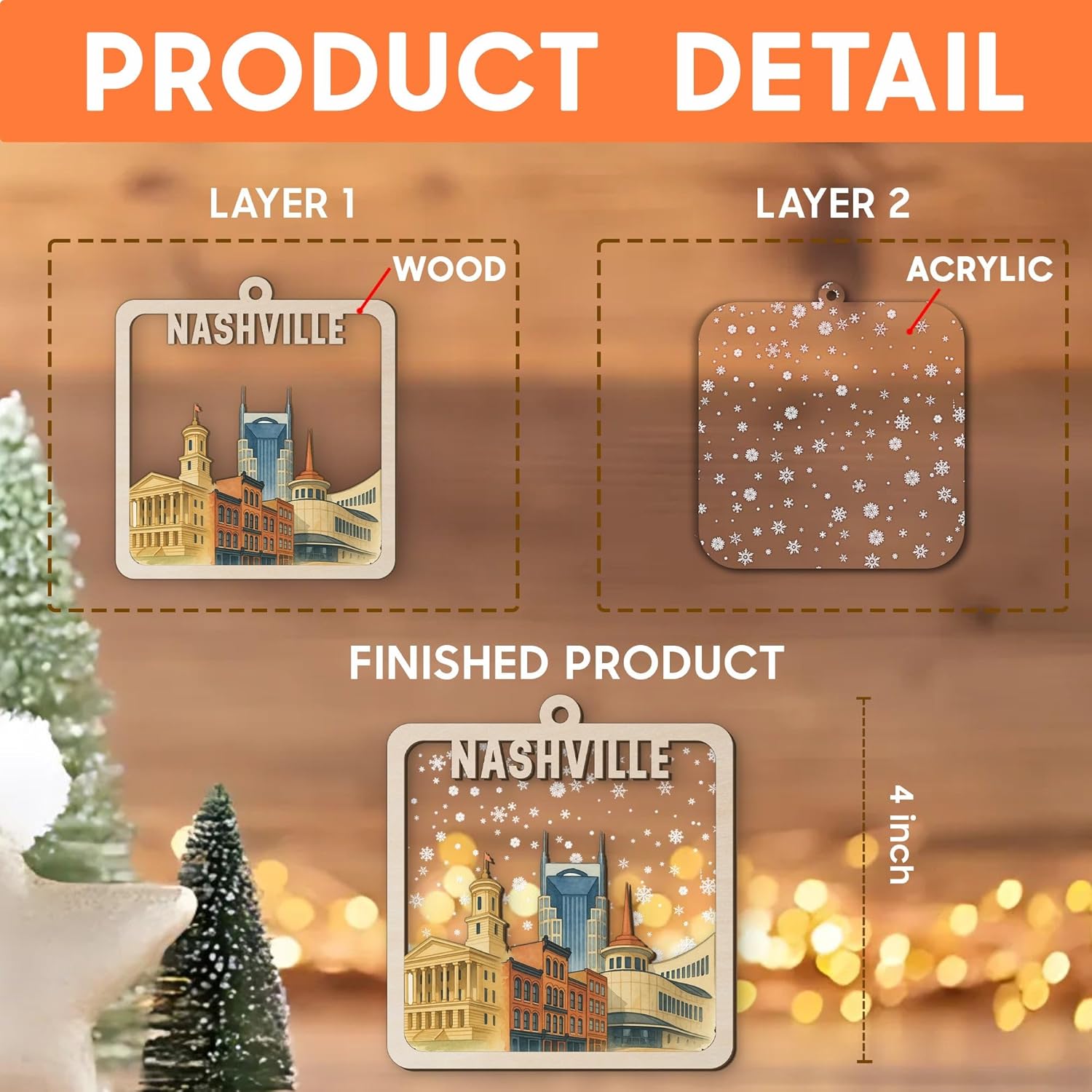 Nashville Wooden Christmas Ornament, 2-Layer Wood and Acrylic Skyline Decoration with State Capitol- Broadway Buildings and Snowy Winter Scene, Holiday Souvenir Gift - Image 2