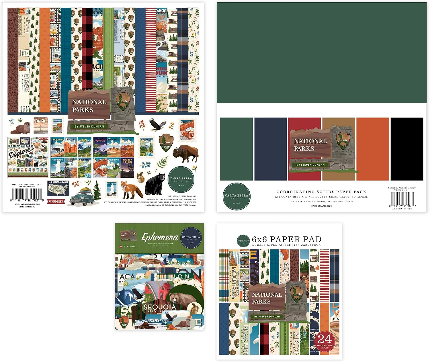Carta Bella National Parks Classic Bundle 12x12 Collection Kit with Solids Kit, Ephemera, and 6x6 Paper Pad