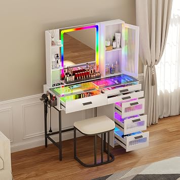 Vanity Set with Stool & Mirror and Lights, Modern Dressing Table with 3-in-1 Charging Station, Girls Glass top Vanity Desk with 6 Drawers for Bedroom, White