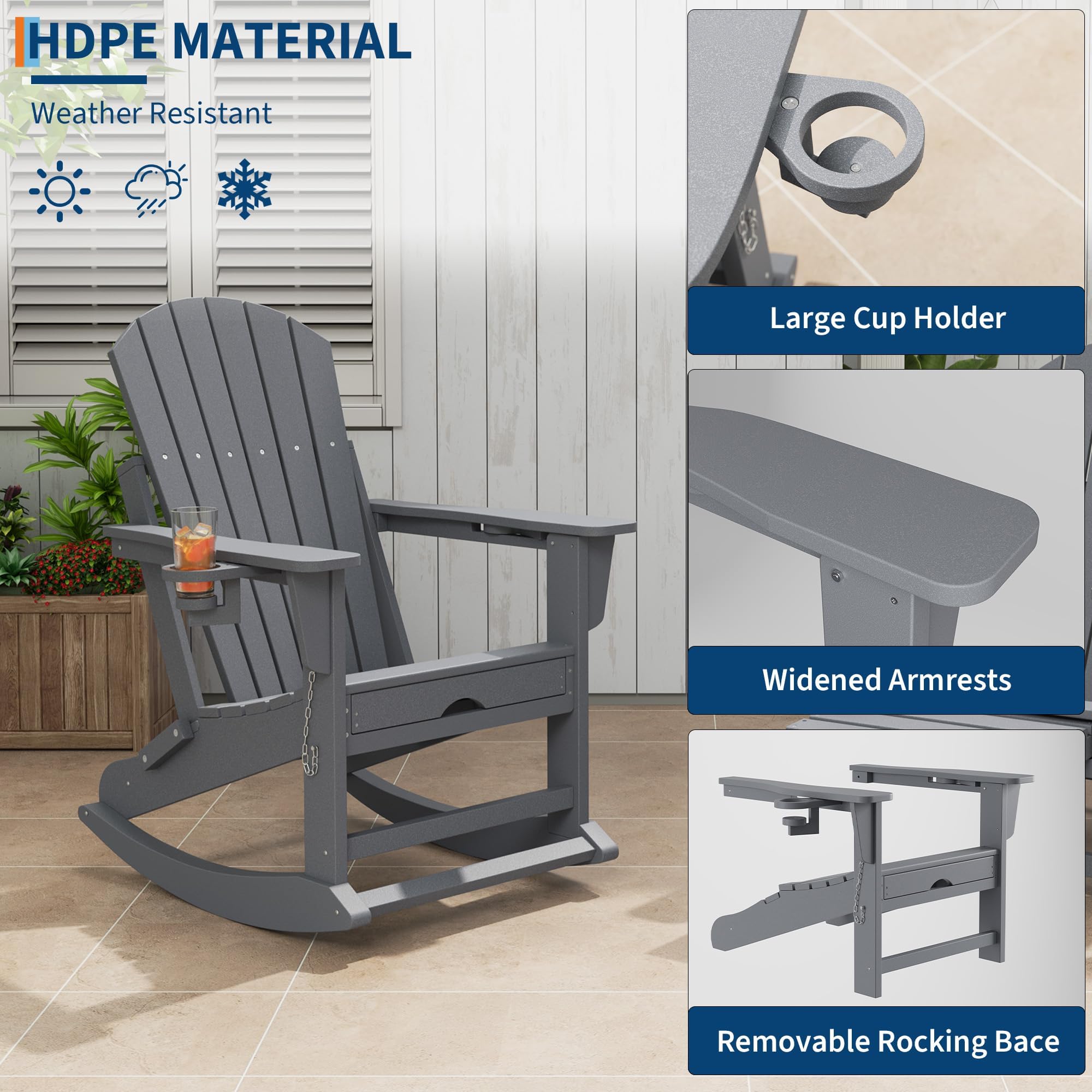 GarveeTech Silla Mecedora Adirondack Plegable para Patio y jardín - Reposapiés y 2 portavasos retráctiles - HDPE Resistente al Clima - Ideal para terraza y Porche - Color: Gris