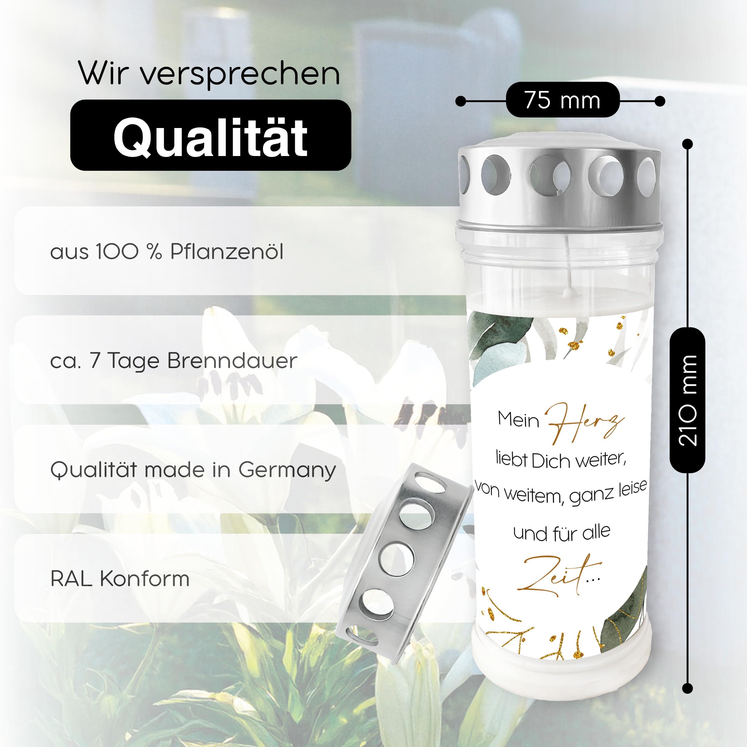 Grablicht mit Spruch "Mein Herz liebt Dich weiter, von weitem, ganz leise und für alle Zeit" | Eukalyptus Kranz | 3er Set | 7-Tage Brenner | Öl-Licht in deutscher Qualität