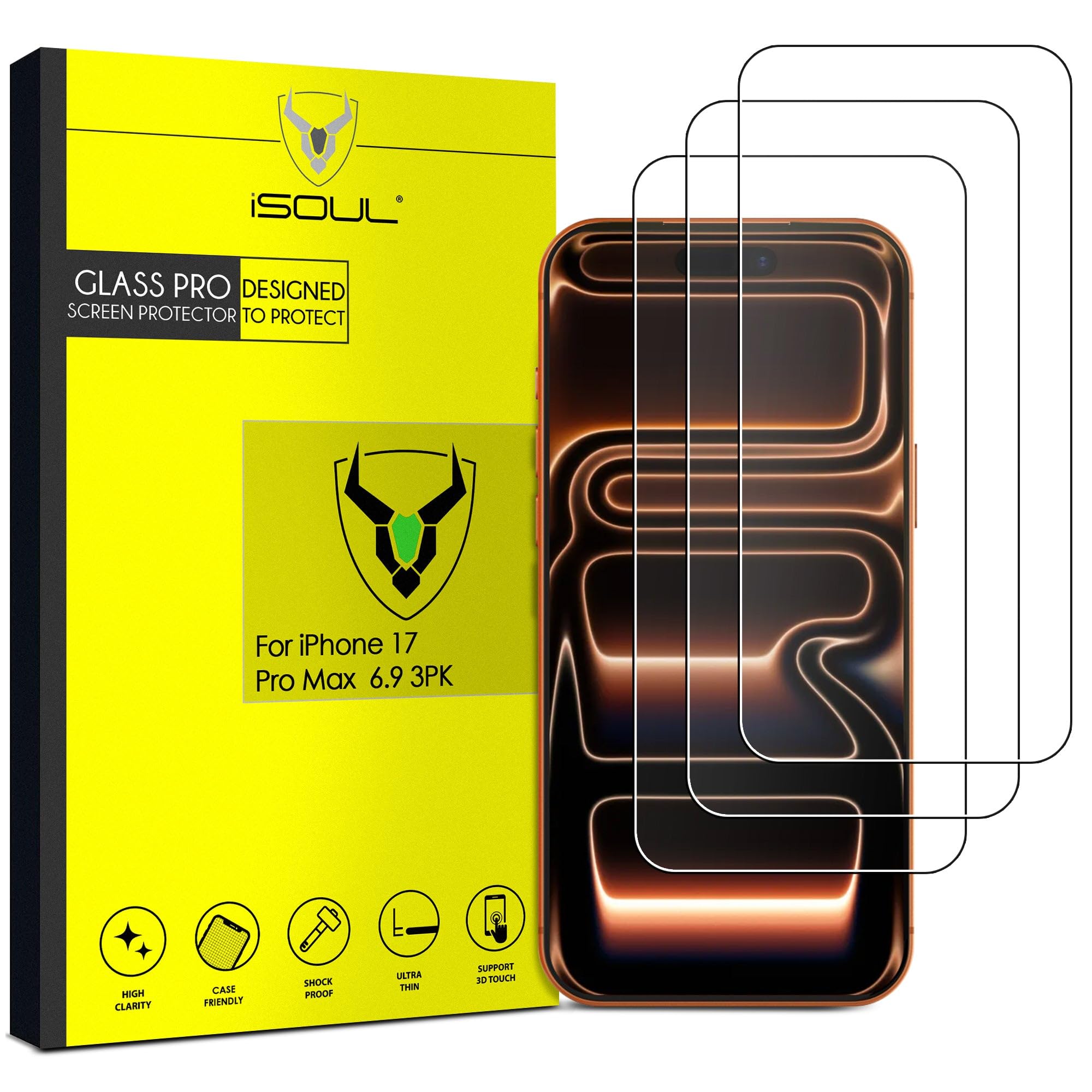 iSOUL Screen Protector for iPhone 17 Pro Max 6.9 Inch Tempered Glass Film Full Coverage, Screen Protector for iPhone 17 Pro Max / 16 Pro Max [ Case Friendly ] Clear 3 Pack