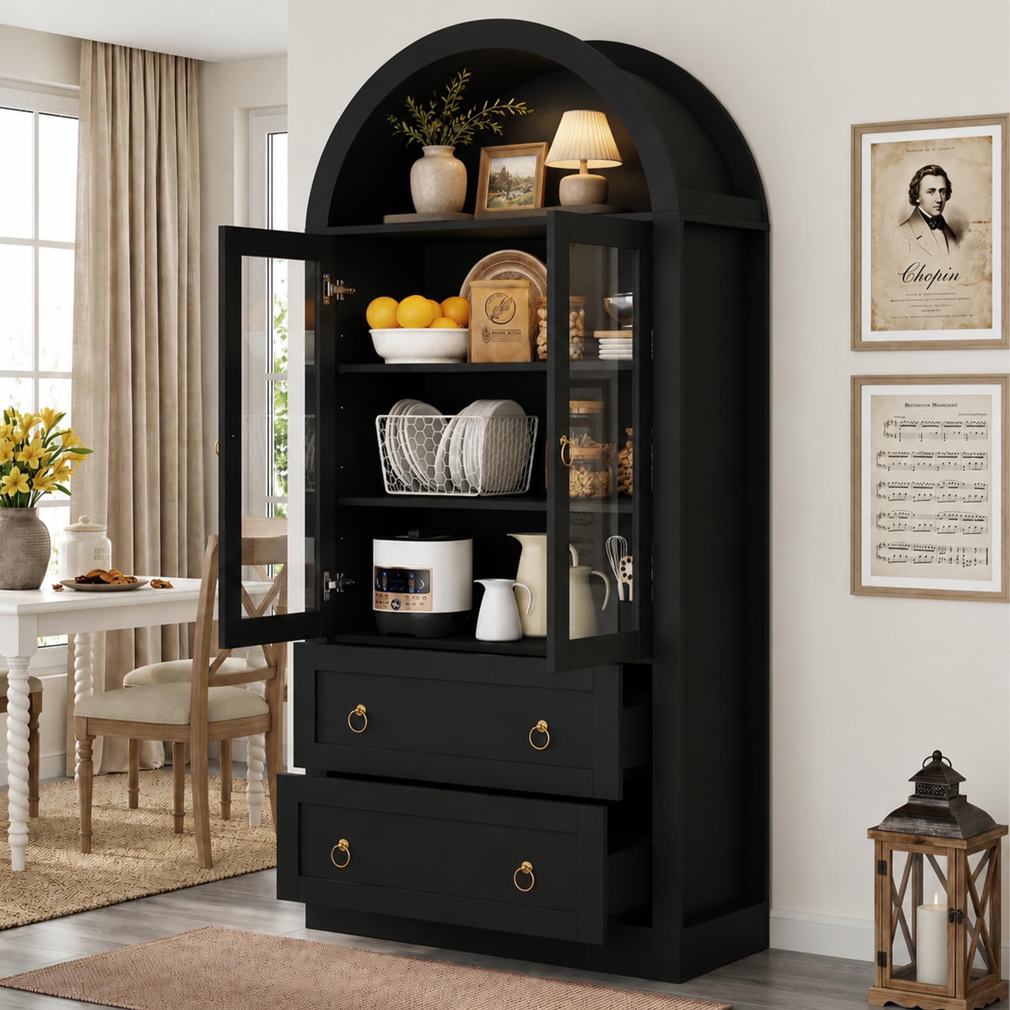 Merax Hochschrank Küchenbuffet, Buffetschrank mit Verstellbaren Ablagen, Hoher Bogen-Aufbewahrungsschrank, mit Schubladen und Glasschranktüren, für Küche und Wohnzimmer, Schwarz, 80x36x170 cm