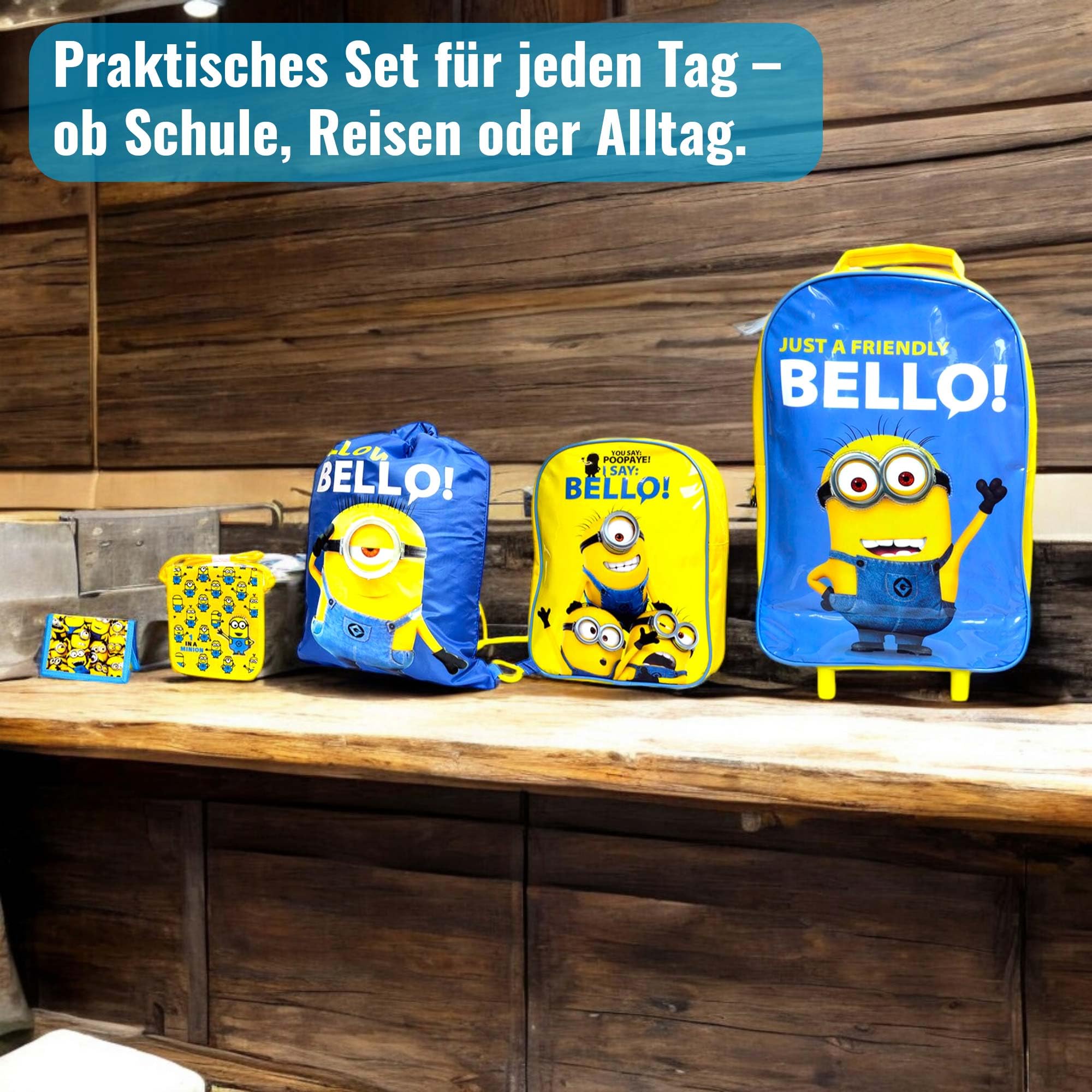 Minions - Set di 5 valigie per bambini, bagaglio da viaggio di alta qualità, borsa da palestra, borsa a tracolla