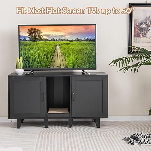 Miniatura 4 de PETSITE Caja de arena para 2 cajas de arena, mesa auxiliar oculta para baño de gatos con 2 gabinetes, tabla de rascar, muebles de arena para gatos