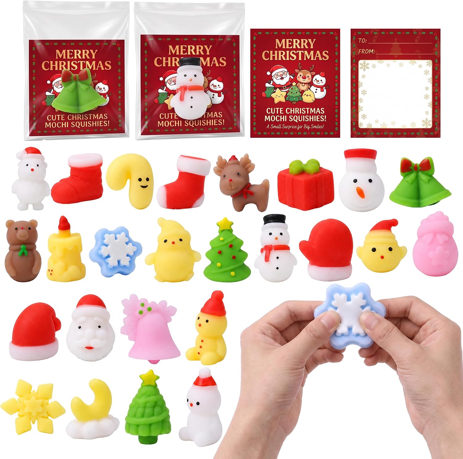 25 Pack Christmas Mochi Squishy Toys with Cards, Squeeze Sensory Fidget Toys for Kids & Adults, Mini Squishies Stress Relief Party Favors, Xmas Stocking Stuffers, Treasure Box Classroom prizes