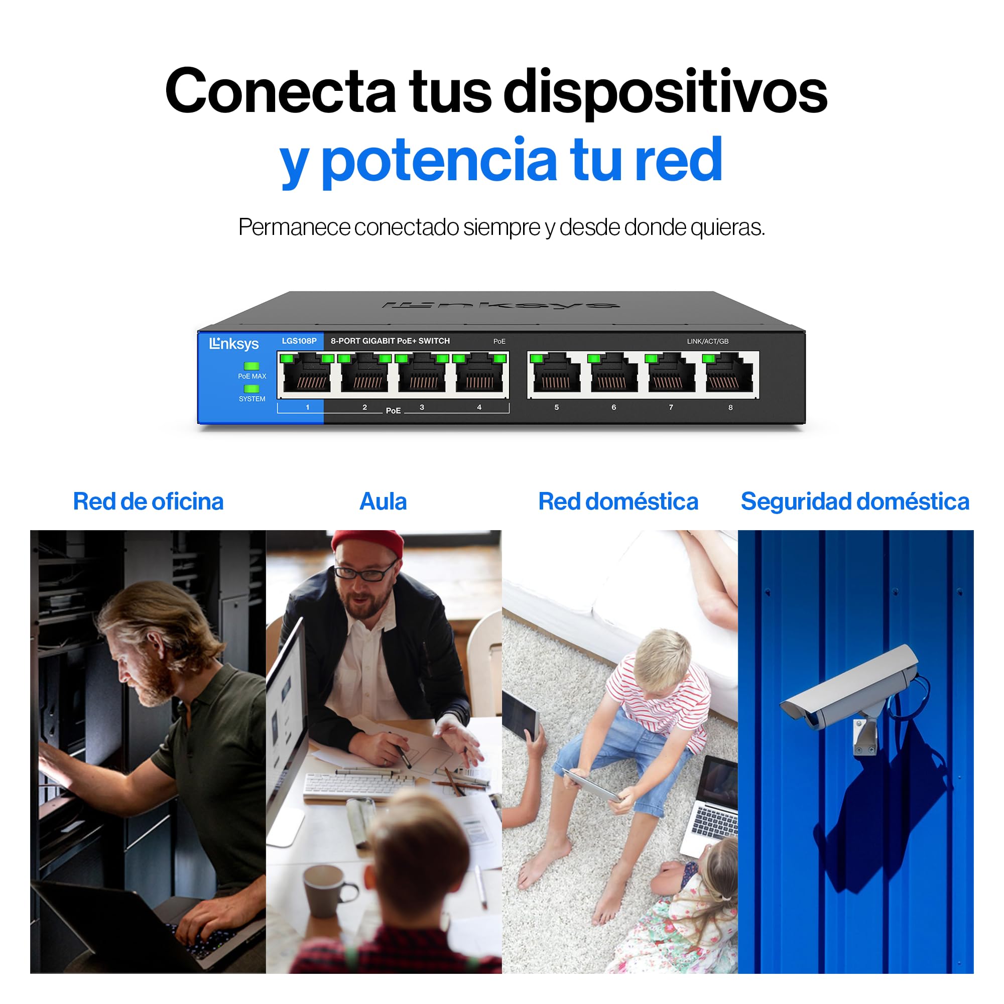 Linksys LGS108P-EU switch de red Gigabit no administrado de 8 puertos con 4 puertos PoE+, hasta 1000 Mbps para empresas y particulares, vigilancia IP, conmutador Ethernet de sobremesa — view 10