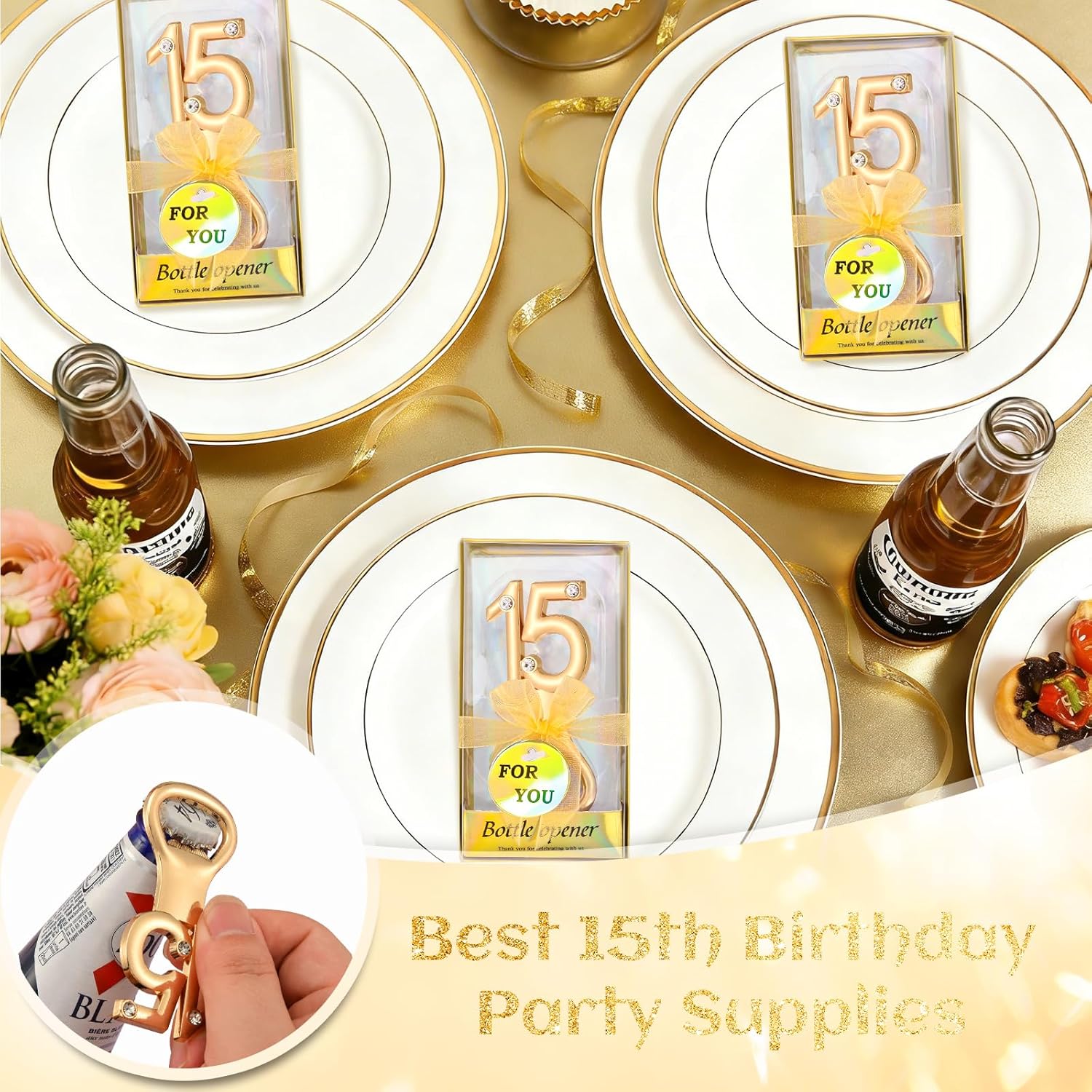 24Pcs Golden 15 Bottle Openers for 15th Birthday Party Favors Rhinestones Decorations for Wedding Anniversary Gifst Souvenrs or Keepsaks for Guests