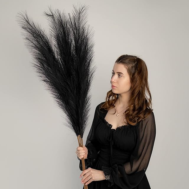 ORNA Artificial Pampas Grass Set of 3 Stems, Extra Large 44.8/114 cm tall & 20 Branches each, Fluffy Black Faux Feathers, Fake Boho Flower for Floor Vase, Modern Home & Wedding Décor