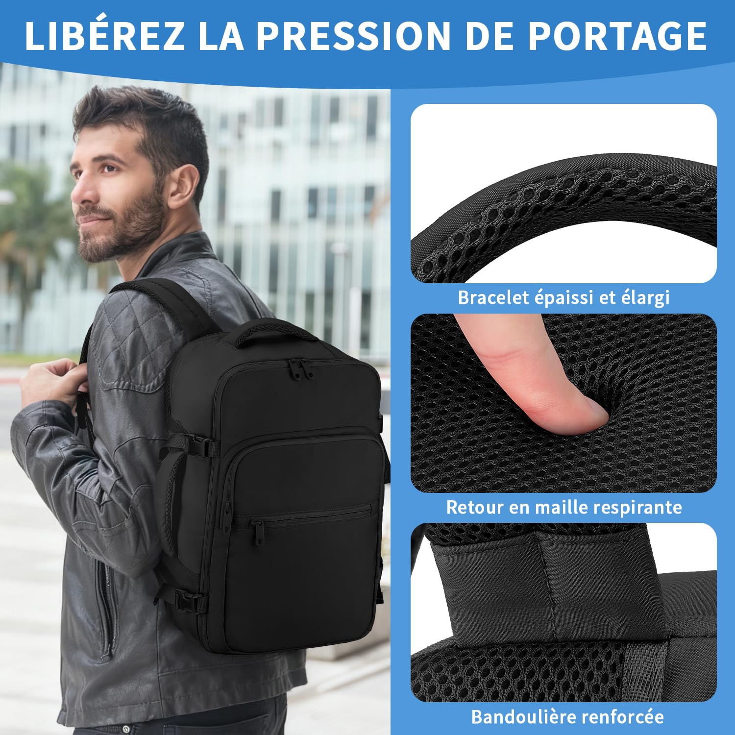 VSNOON Bagage cabine 40x30x20, 24L Sac a Dos Voyage Cabine Avion, Sac à Dos Ordinateur 15 Pouces pour Ryanair, Wizz Air, Transavia, étanche Sac Cabine Pour Homme, Noir